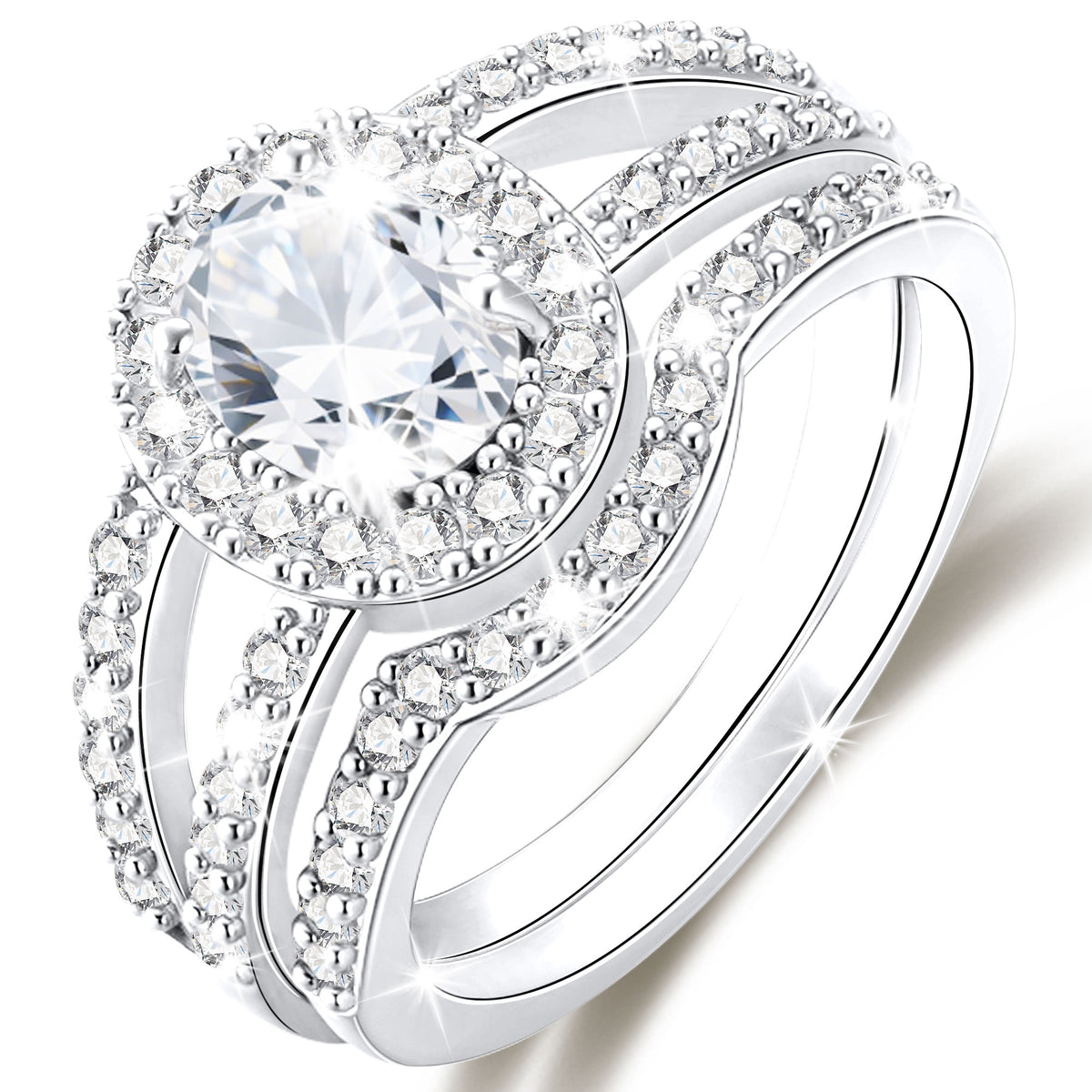 APSVO 18K White Gold Plated 1ct Oval Wedding Rings for Women Halo Stackable CZ S925 Sterling Silver Eternity Promise Band Engagement Rings Set Birthday Jewelry Gifts Bride Girlfriend Teen Mom Ideas