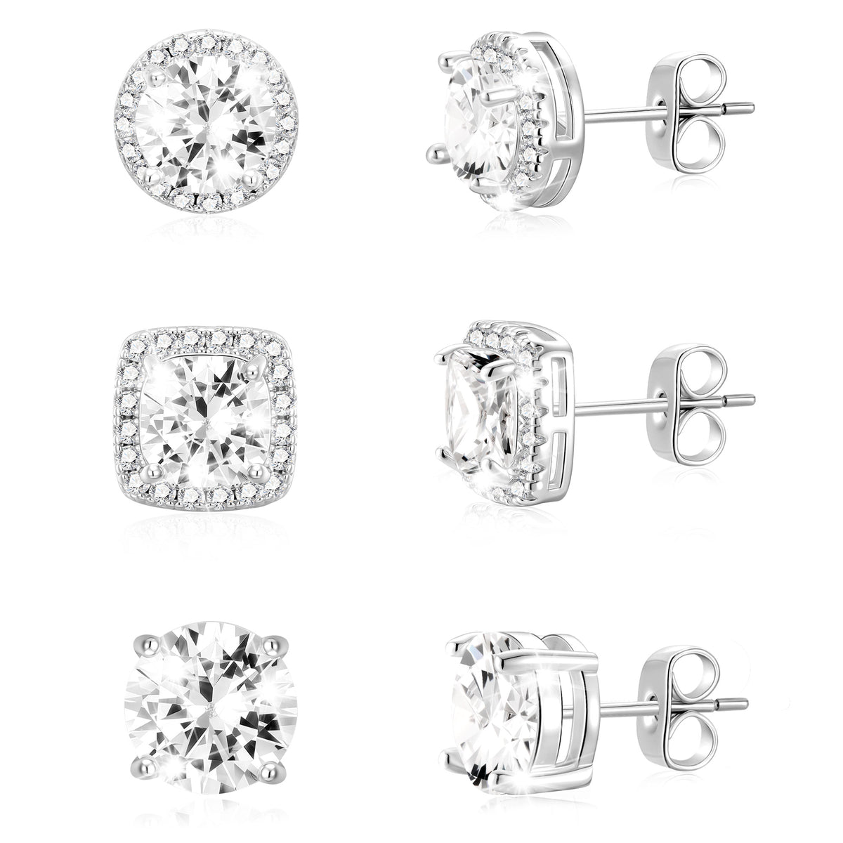 LUNVKY 3 Pairs 18K White Gold Plated Halo Stud Earrings for Women Men CZ Hypoallergenic S925 Sterling Silver Post Earring Set Birthday Graduation Jewelry Gifts Mom Her Him Teen Wife Adult Ideas