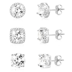 LUNVKY 3 Pairs 18K White Gold Plated Halo Stud Earrings for Women Men CZ Hypoallergenic S925 Sterling Silver Post Earring Set Birthday Graduation Jewelry Gifts Mom Her Him Teen Wife Adult Ideas
