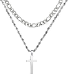 APSVO Layered Black Cross Necklaces for Men Boys Stainless Steel Figaro Twist Rope Pendant Chain Necklaces Set Religious Christian Birthday Jewelry Gifts Ideas Dad Husband Tween Son Teen Kids Age
