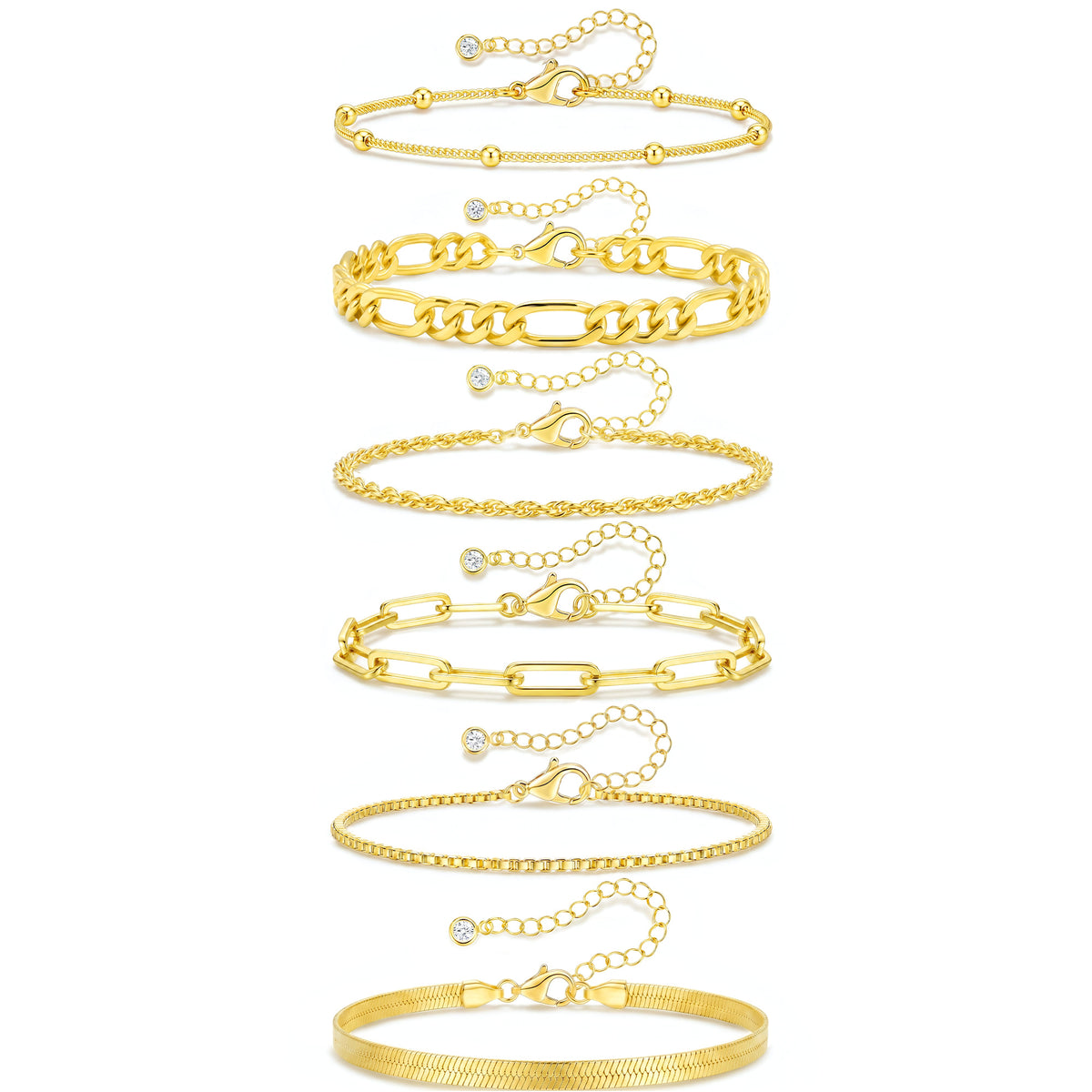 APSVO 6 Pcs 18K Gold Plated Bracelets for Women Box Satellite Figaro Paperclip Herringbone Rope Stackable Bracelet Set Birthday Graduation Mothers Day Jewelry Gifts Teen Her Mom Wife Ideas