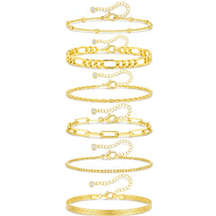APSVO 6 Pcs 18K Gold Plated Bracelets for Women Box Satellite Figaro Paperclip Herringbone Rope Stackable Bracelet Set Birthday Graduation Mothers Day Jewelry Gifts Teen Her Mom Wife Ideas