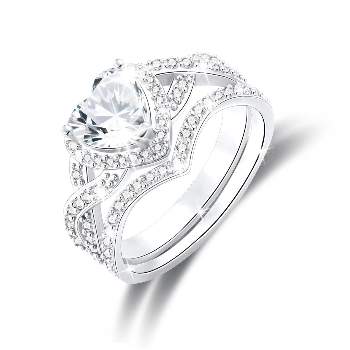 APSVO 18K White Gold Plated 1ct Love Heart Wedding Rings for Women Halo Stackable CZ S925 Sterling Silver Eternity Promise Band Engagement Rings Set Birthday Jewelry Gifts Bride Girlfriend Mom Ideas