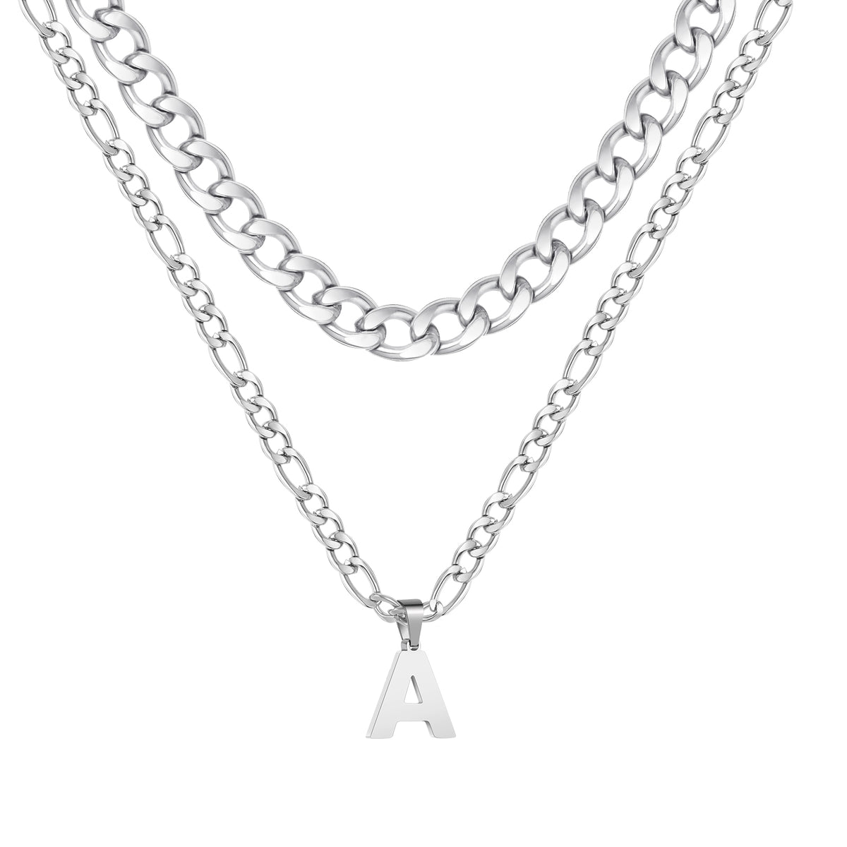 APSVO Silver Initial Necklaces for Men Stainless Steel Cuban Figaro Letter A Pendent Chain Set Birthday Graduation Fathers Day Jewelry Gifts Teen Him Dad Boyfriend Husband Adults Son Tween Age Ideas