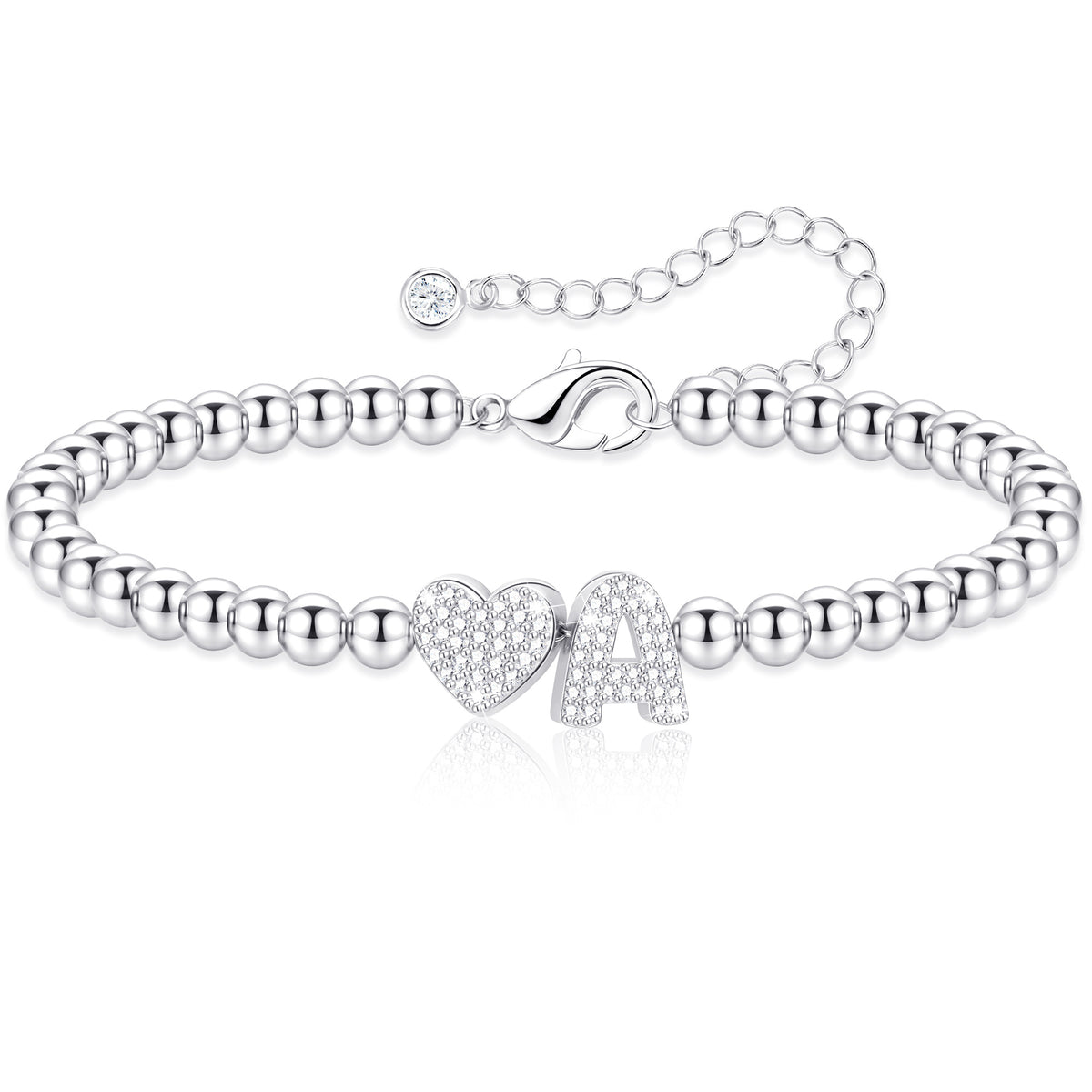 APSVO S925 Sterling Silver Plated Love Heart Initial Bracelet for Women Girls CZ Letter A Beaded Bracelet Birthday Graduation Jewelry Gifts Teen Mom Her Adults Wife Kids Age Ideas