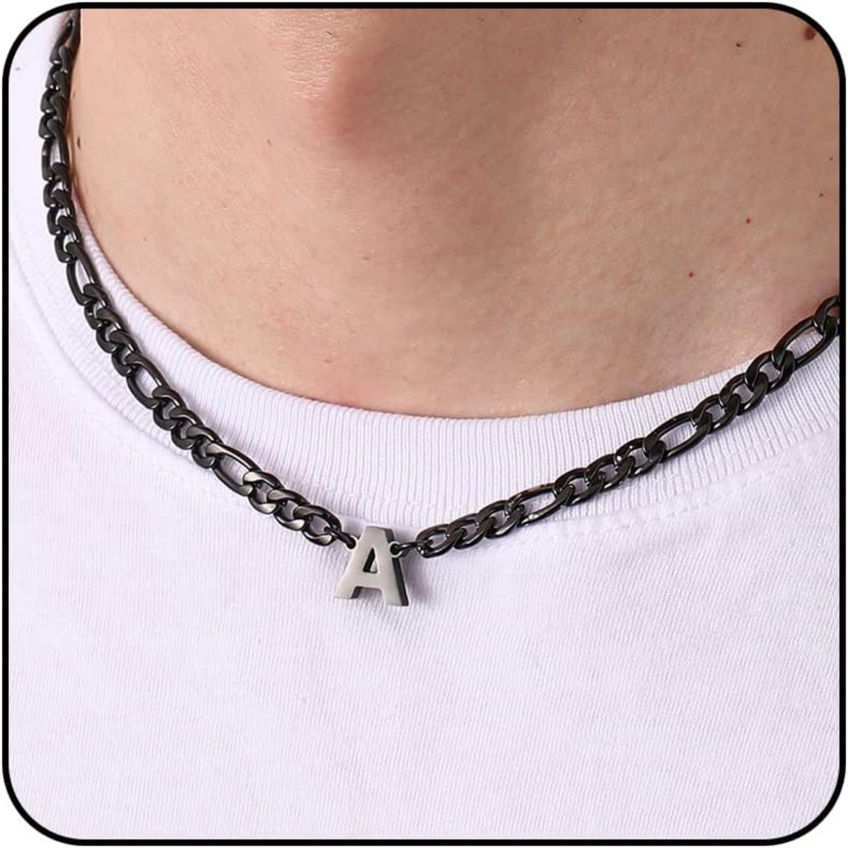 APSVO Initial A-Z Black Figaro Link Chain Necklaces for Men boys Stainless Steel Letter Pendant Chain Birthday Jewelry Gifts Ideas Dad Husband Tween Son Boyfriend Preteen Brother Teen Kids Age