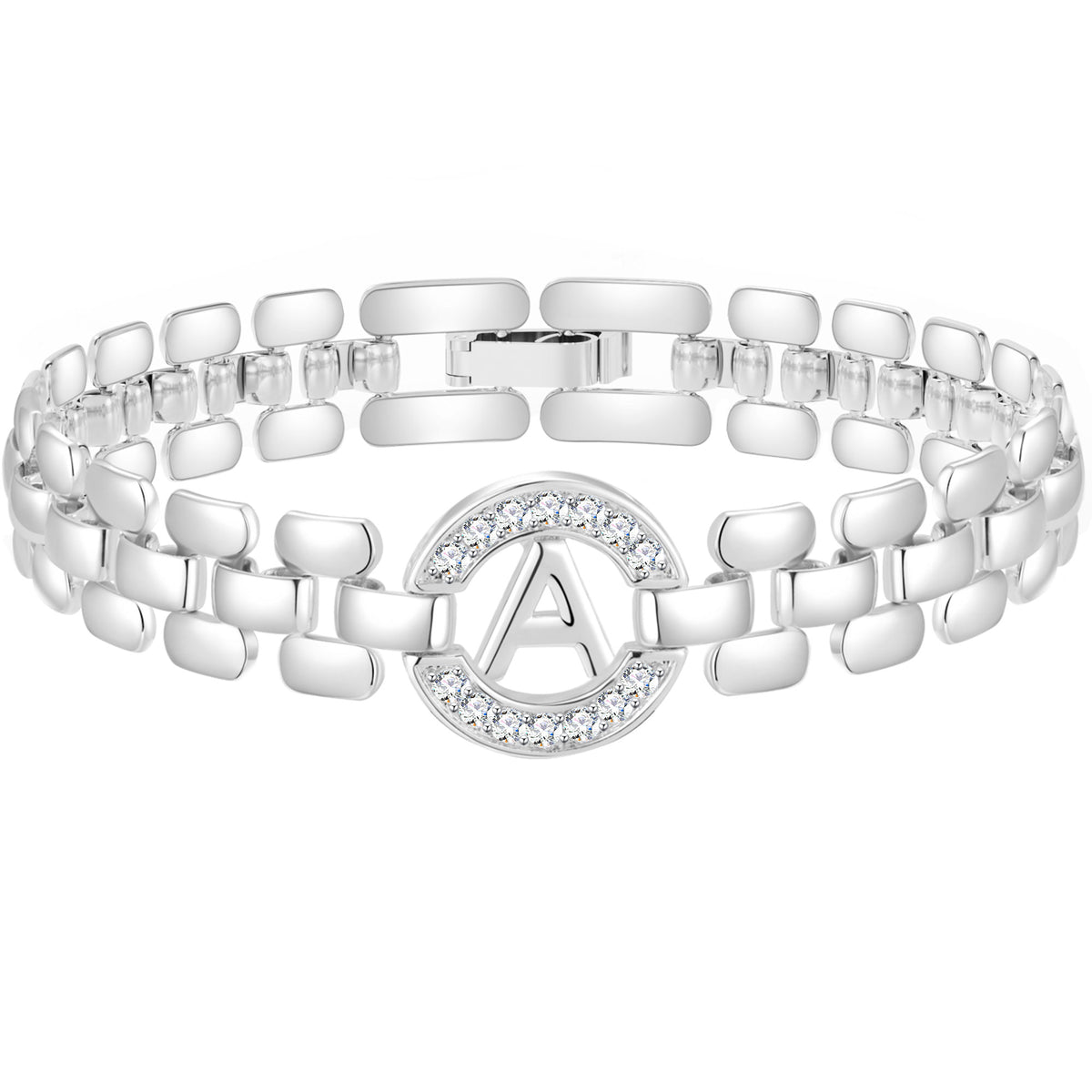APSVO 18K White Gold Plated Initial Charm Bracelets for Women Cubic Zirconia Watch Bangle Wrist Silver Letter A Chain Bracelet Birthday Jewelry Gifts Mom Teen Tween Girlfriend Wife Daughter Ideas