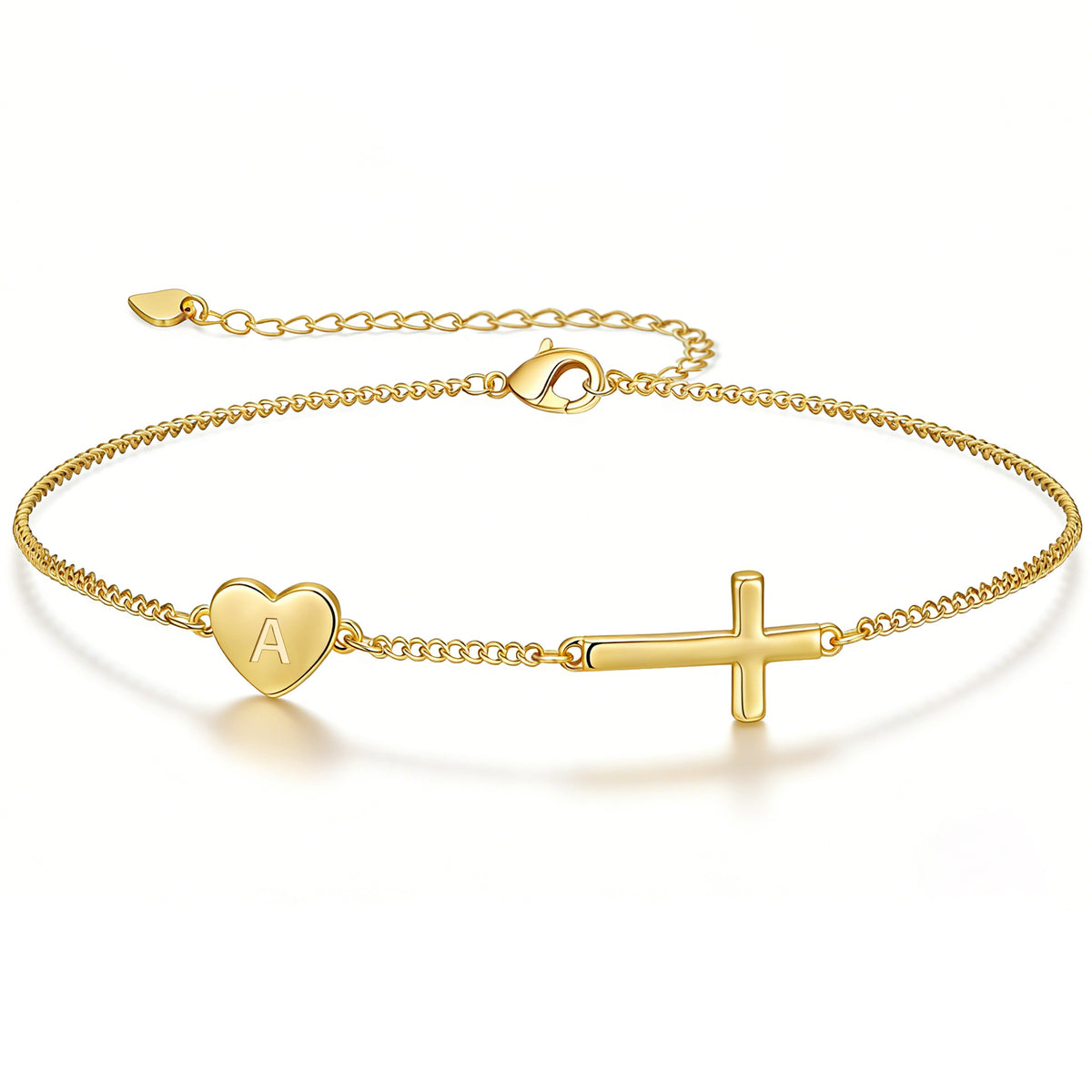 LUNVKY 18K Gold Plated Love Heart Initial Cross Bracelet for Women Name Letter A Bracelet Catholic Religious Christian First Communion Birthday Jewelry Gifts Teen Mom Her Wife Age Ideas