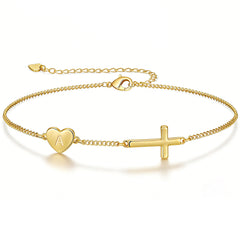 LUNVKY 18K Gold Plated Love Heart Initial Cross Bracelet for Women Name Letter A Bracelet Catholic Religious Christian First Communion Birthday Jewelry Gifts Teen Mom Her Wife Age Ideas