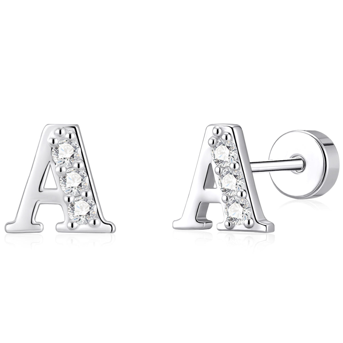 LUNVKY 18K White Gold Plated Initial Stud Earrings for Women Letter A Flat Back CZ Hypoallergenic S925 Sterling Silver Post Earrings Birthday Graduation Jewelry Gifts Teen Her Mom Wife Age