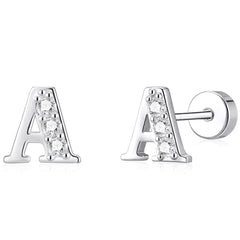 LUNVKY 18K White Gold Plated Initial Stud Earrings for Women Letter A Flat Back CZ Hypoallergenic S925 Sterling Silver Post Earrings Birthday Graduation Jewelry Gifts Teen Her Mom Wife Age