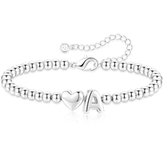 APSVO S925 Sterling Silver Plated Love Heart Initial Beaded Bracelet for Women Letter A Bead Birthday Graduation Jewelry Gifts Teen Mom Her Girlfriend Daughter Wife Age Ideas