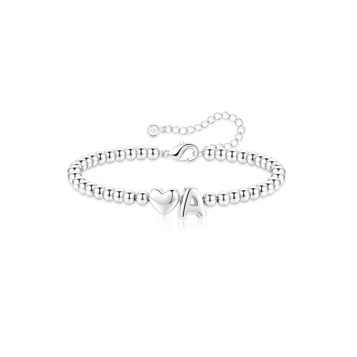 APSVO S925 Sterling Silver Plated Love Heart Initial Beaded Bracelet for Women Letter A Bead Birthday Graduation Jewelry Gifts Teen Mom Her Girlfriend Daughter Wife Age Ideas