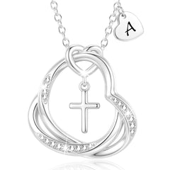 APSVO S925 Sterling Silver Plated Love Heart Initial Cross Necklaces for Women Girls CZ Letter A Pendant Birthday Christmas Jewelry Gifts Teen Mom Adults Stocking Stuffers for Kids Age