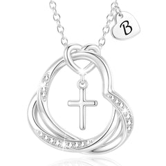 APSVO S925 Sterling Silver Plated Love Heart Initial Cross Necklaces for Women Girls CZ Letter A Pendant Birthday Christmas Jewelry Gifts Teen Mom Adults Stocking Stuffers for Kids Age