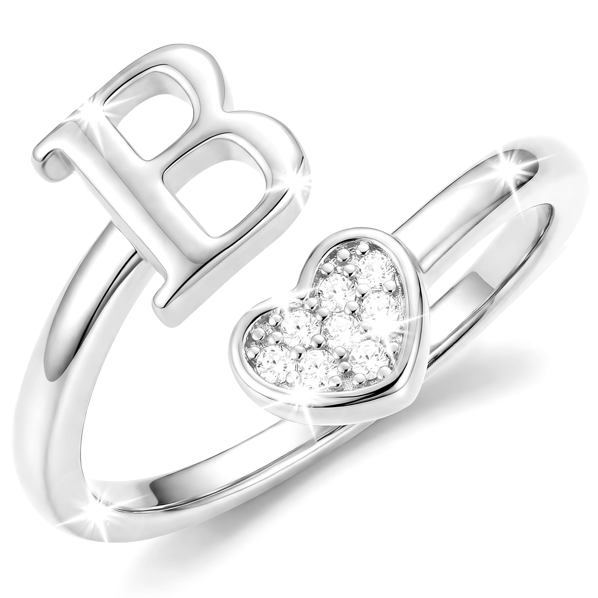 Silver-Open Love Heart Letter Ring-B