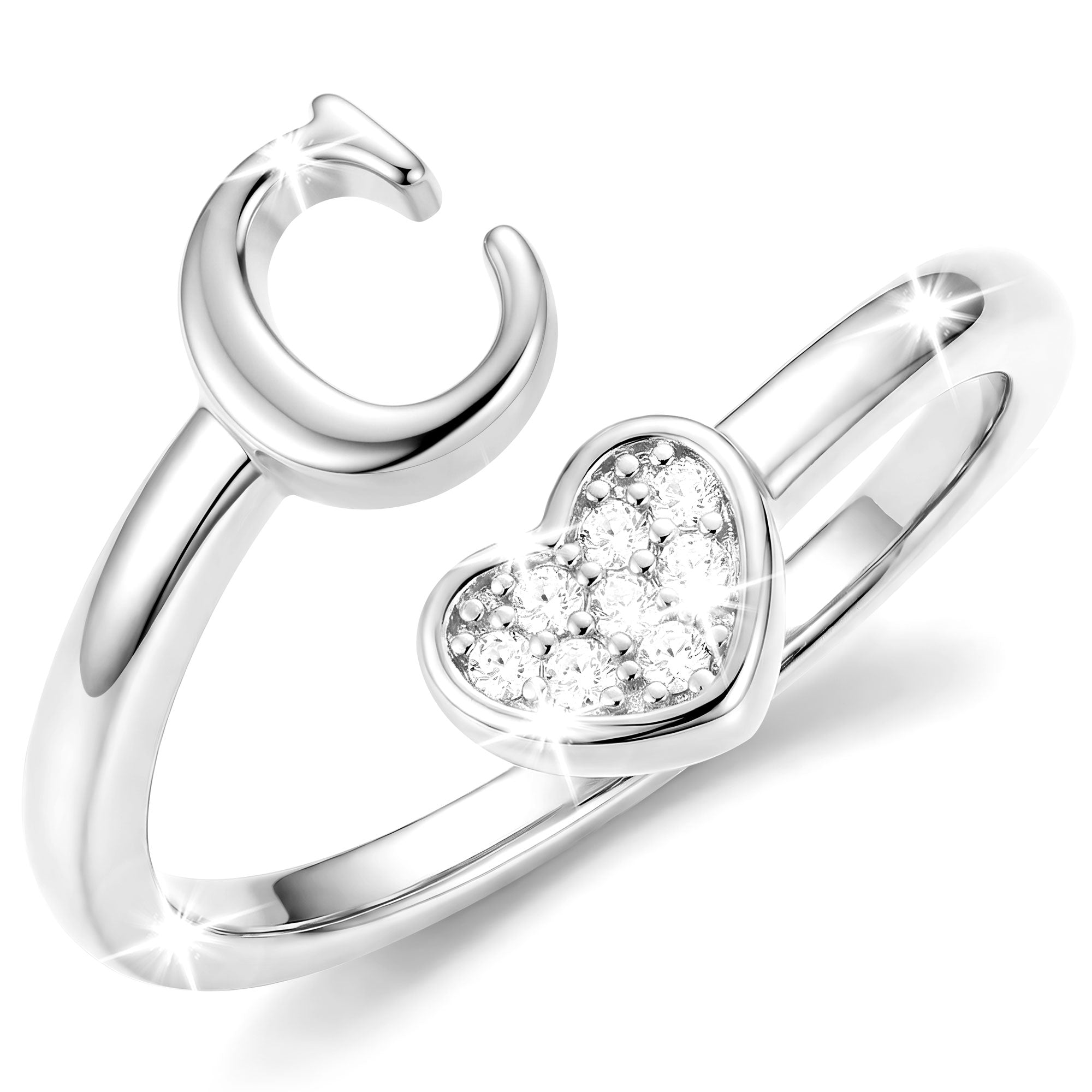 Silver-Open Love Heart Letter Ring-C