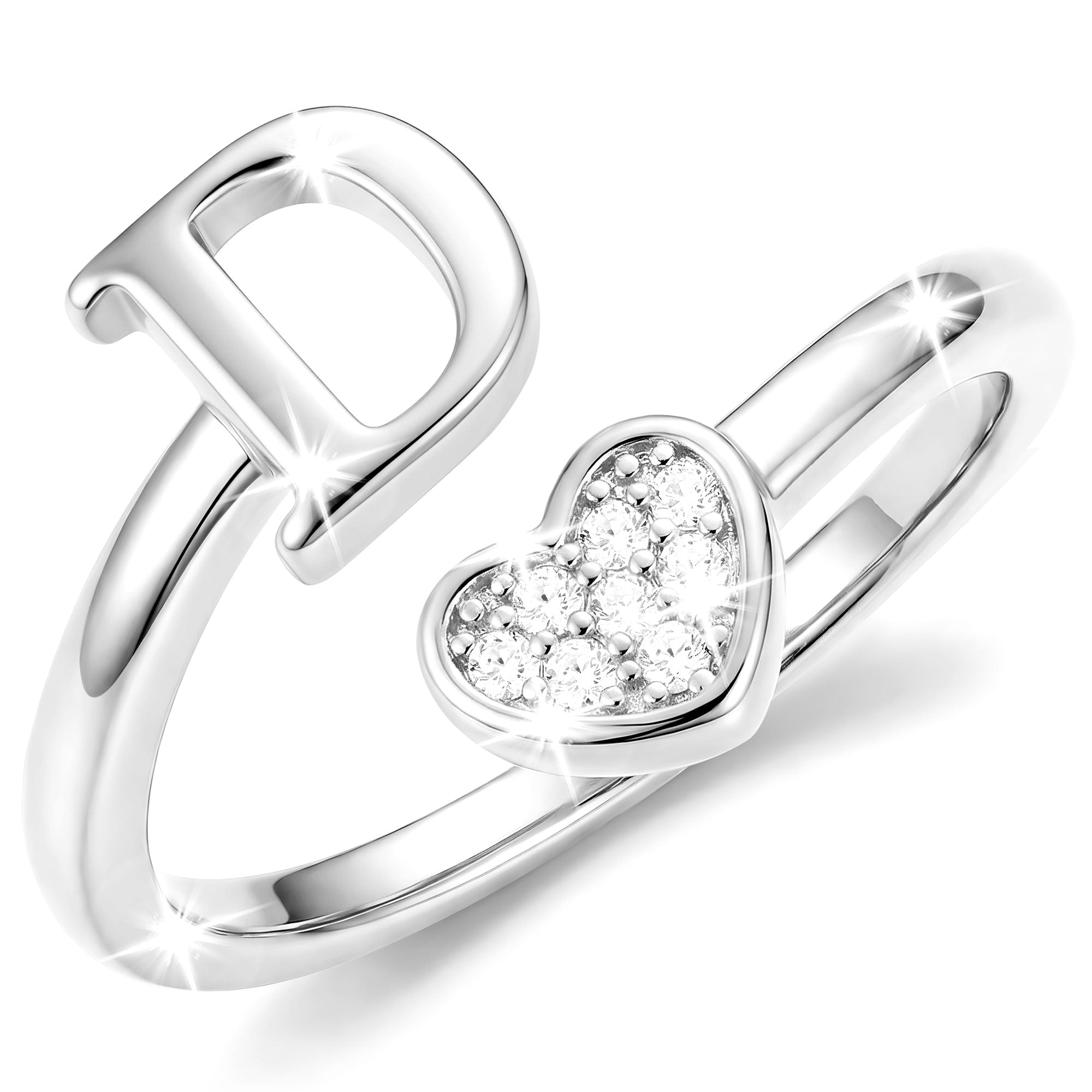 Silver-Open Love Heart Letter Ring-D