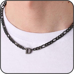 APSVO Initial A-Z Black Figaro Link Chain Necklaces for Men boys Stainless Steel Letter Pendant Chain Birthday Jewelry Gifts Ideas Dad Husband Tween Son Boyfriend Preteen Brother Teen Kids Age