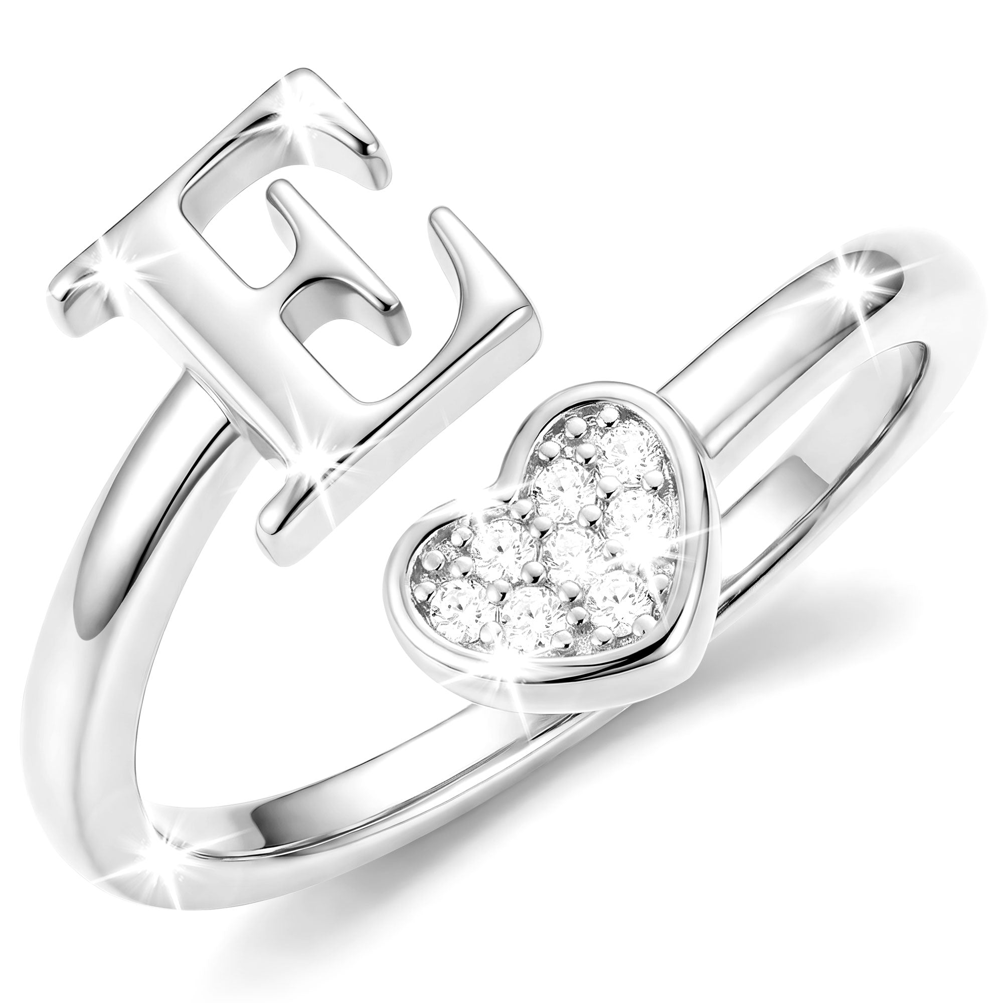 Silver-Open Love Heart Letter Ring-E