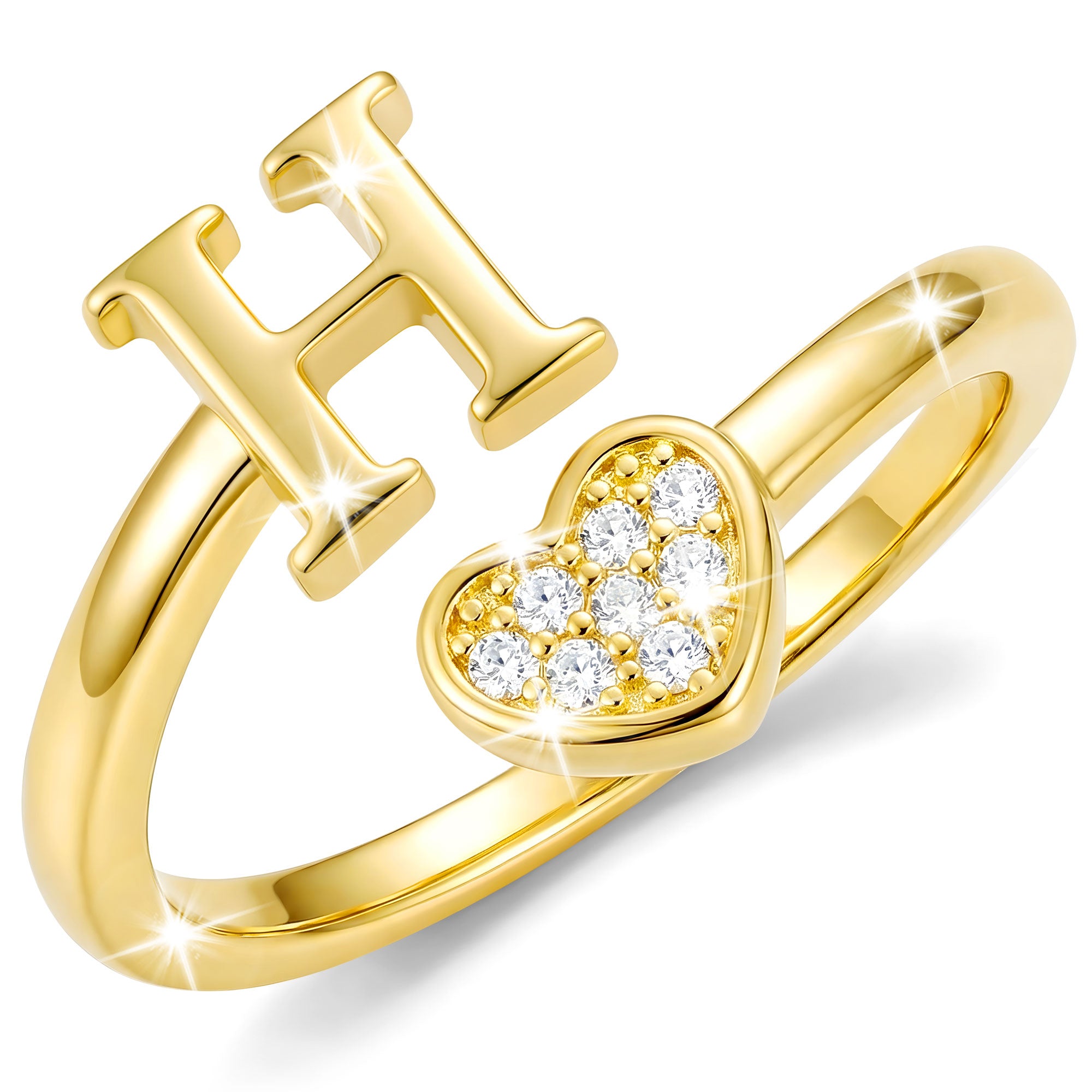 Gold-Open Love Heart Letter Ring-H
