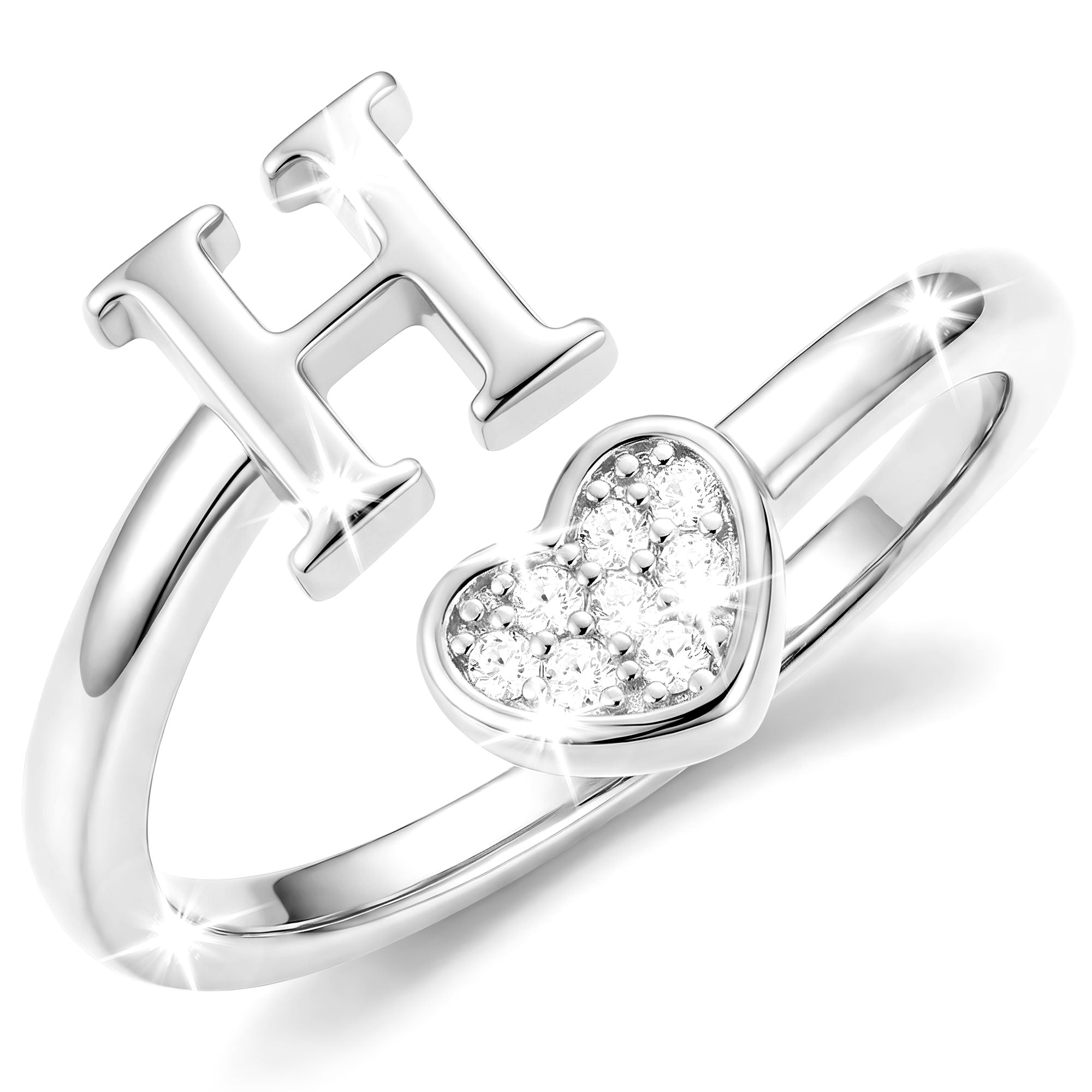 Silver-Open Love Heart Letter Ring-H