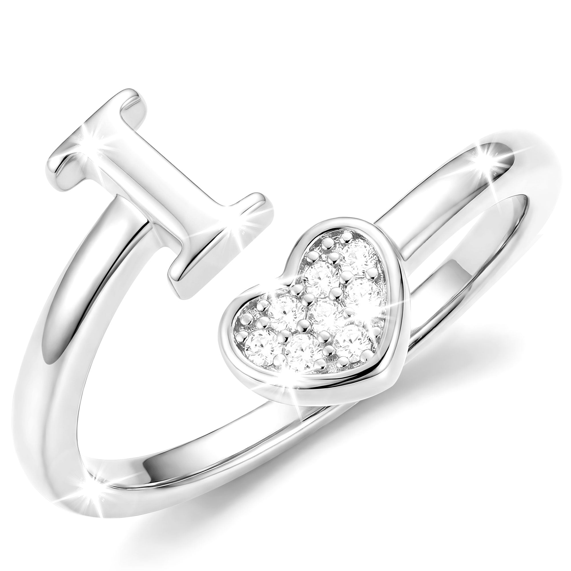 Silver-Open Love Heart Letter Ring-I