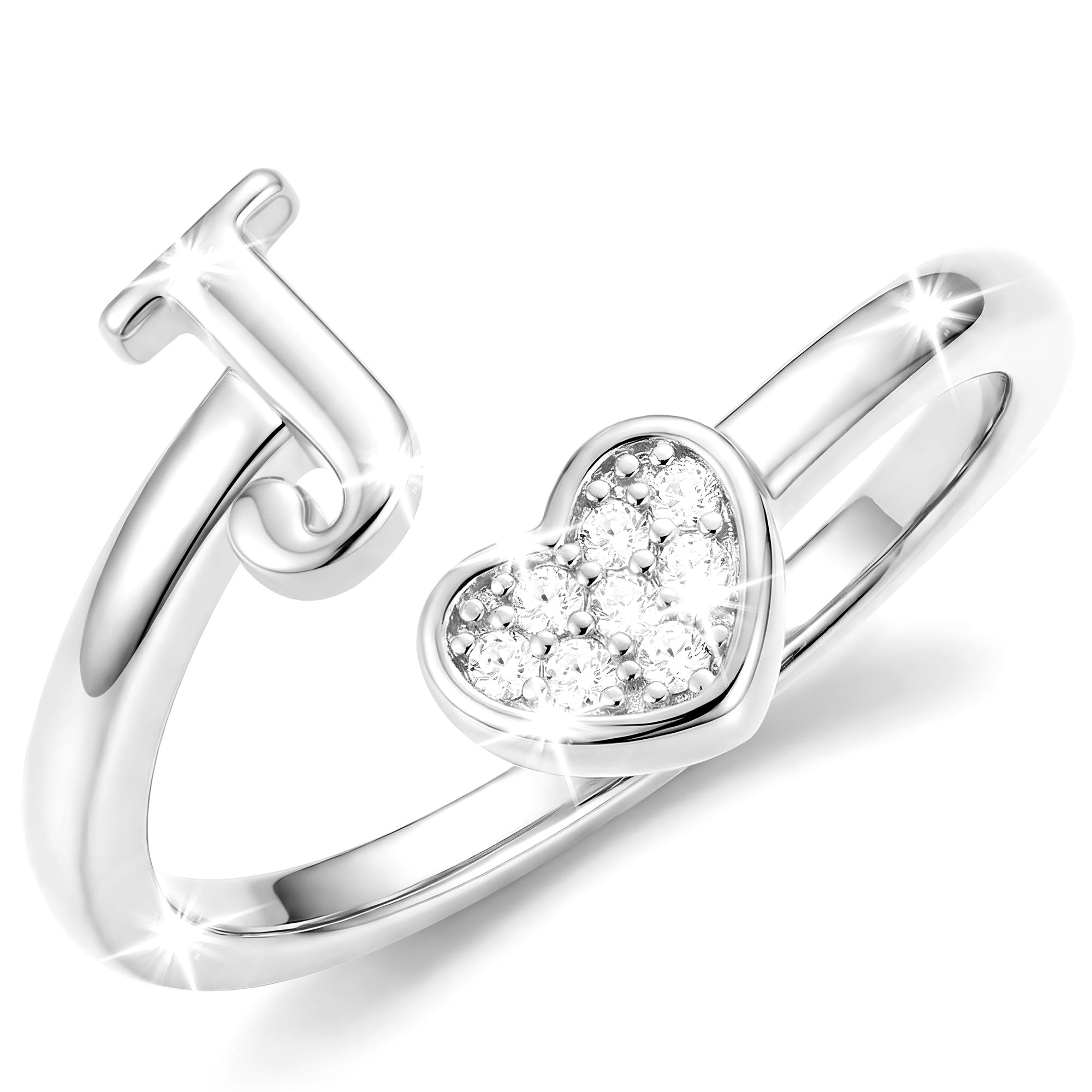 Silver-Open Love Heart Letter Ring-J