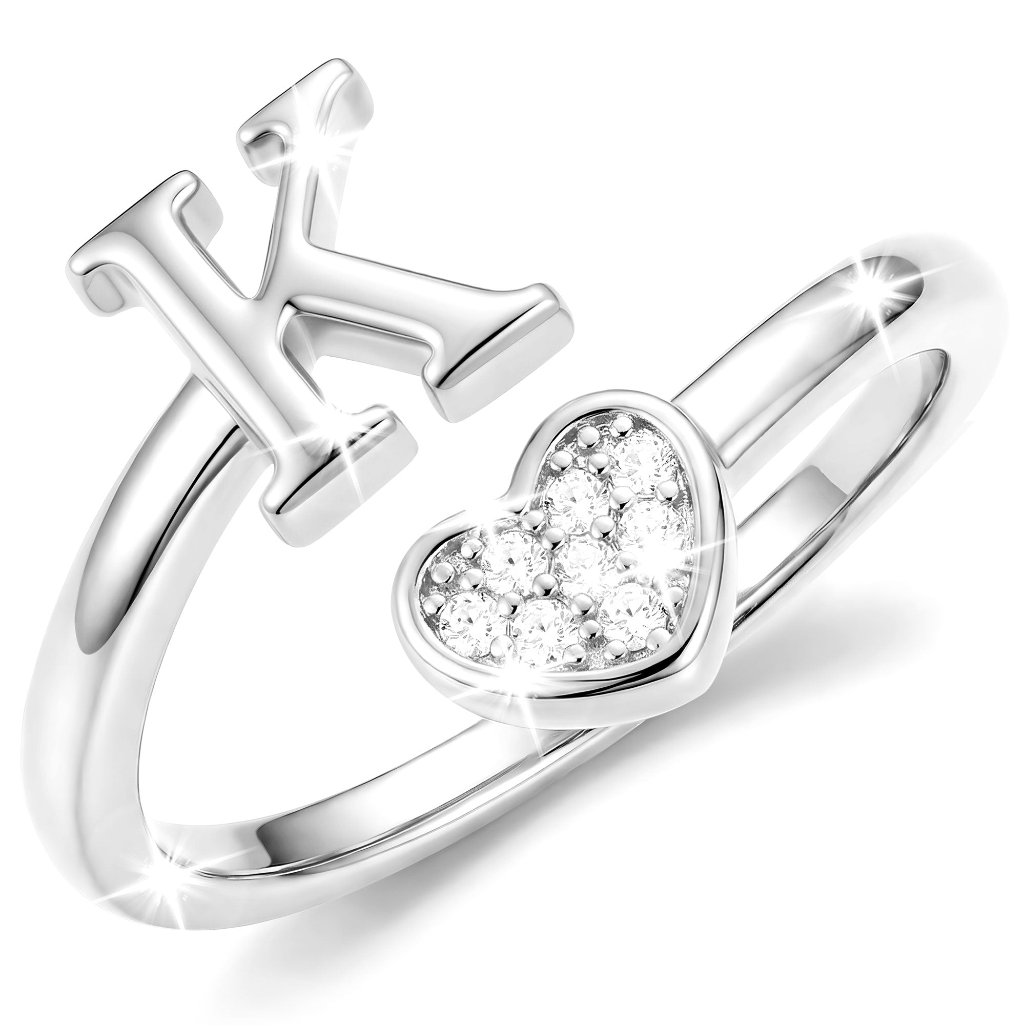 Silver-Open Love Heart Letter Ring-K