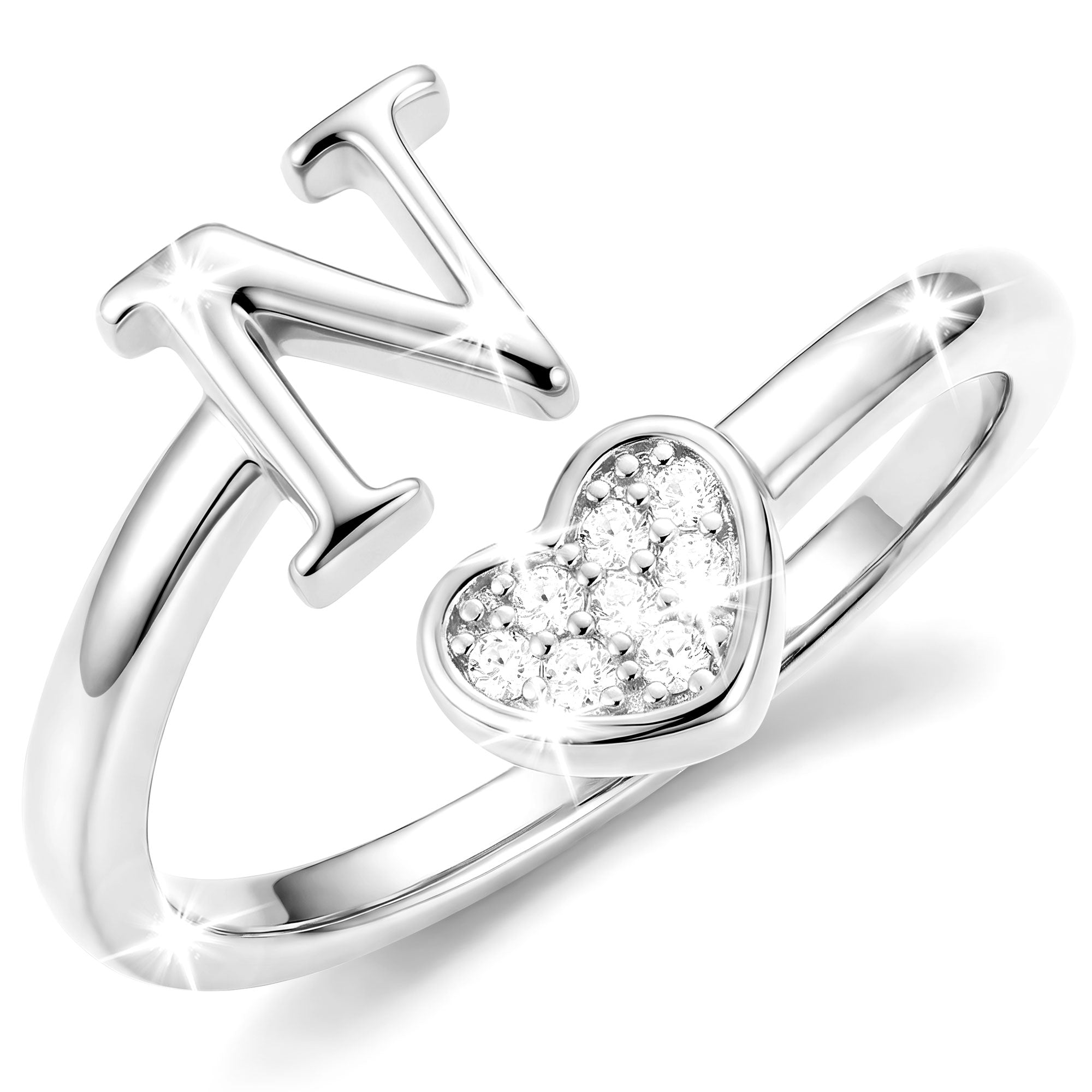 Silver-Open Love Heart Letter Ring-N