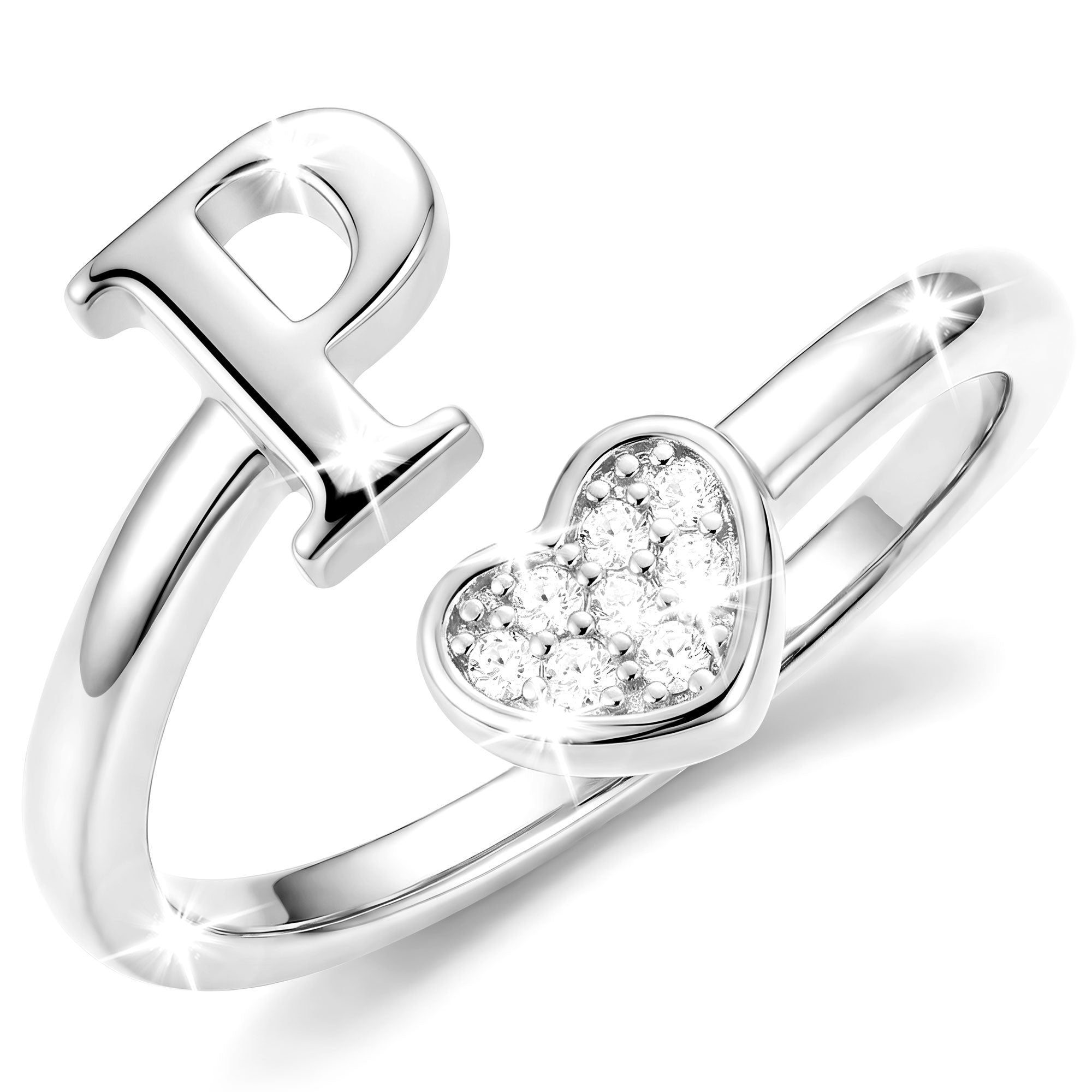 Silver-Open Love Heart Letter Ring-P