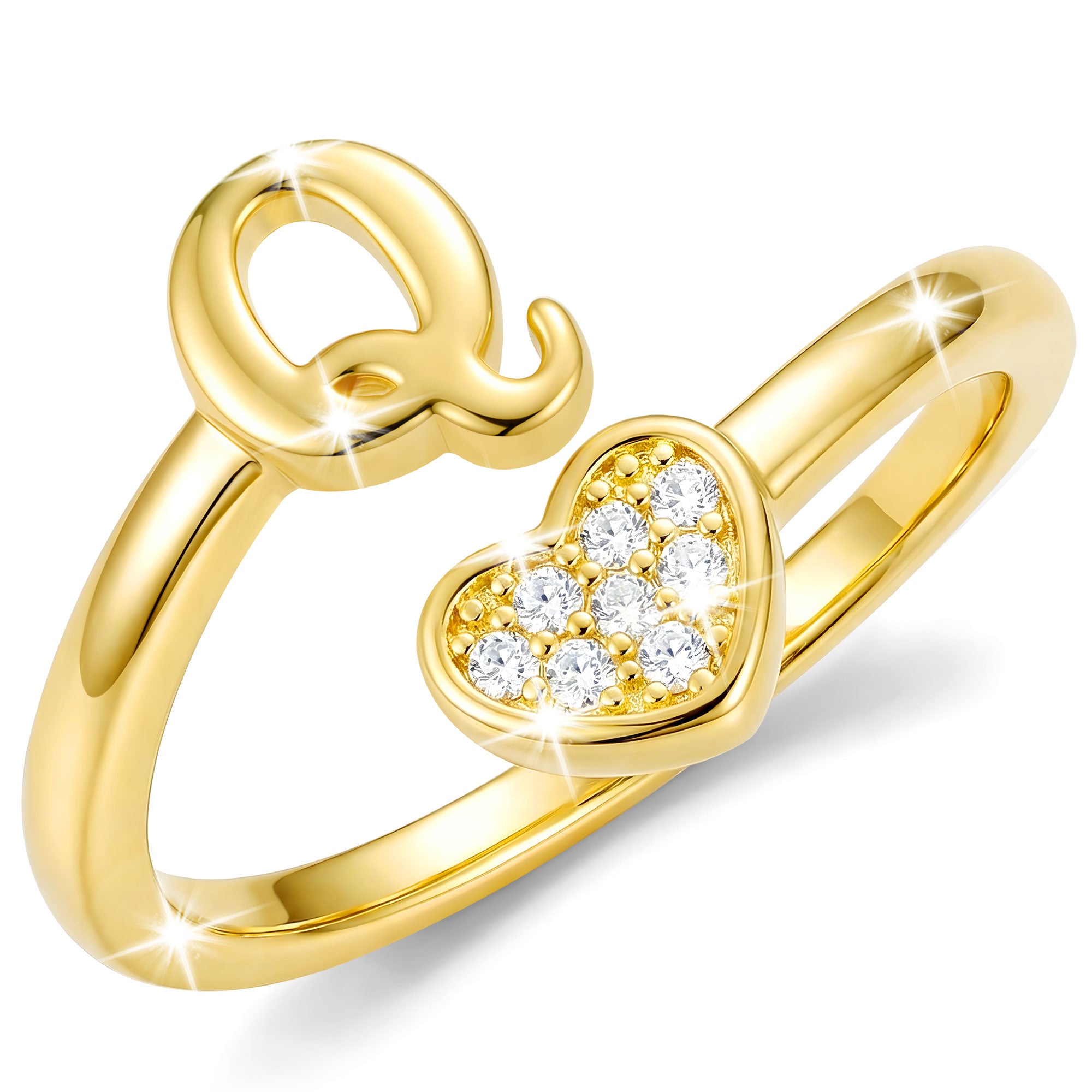 Gold-Open Love Heart Letter Ring-Q