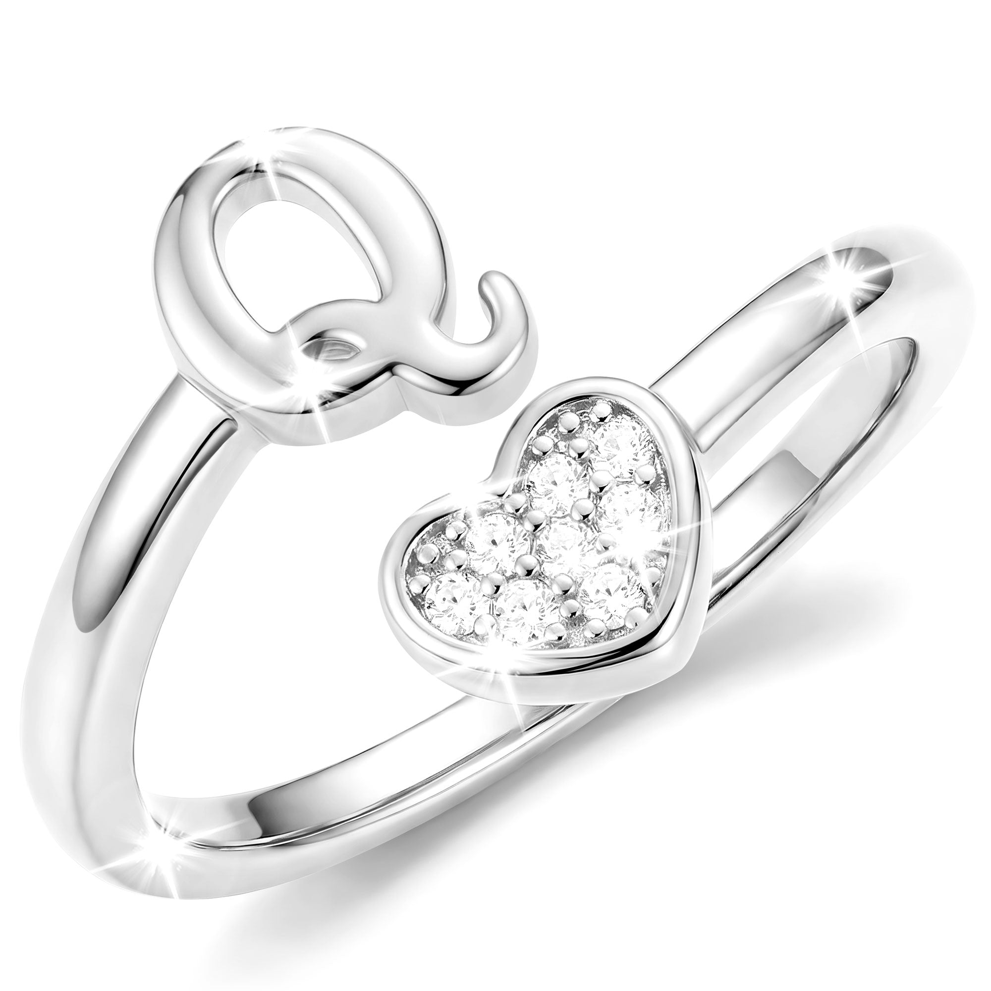 Silver-Open Love Heart Letter Ring-Q