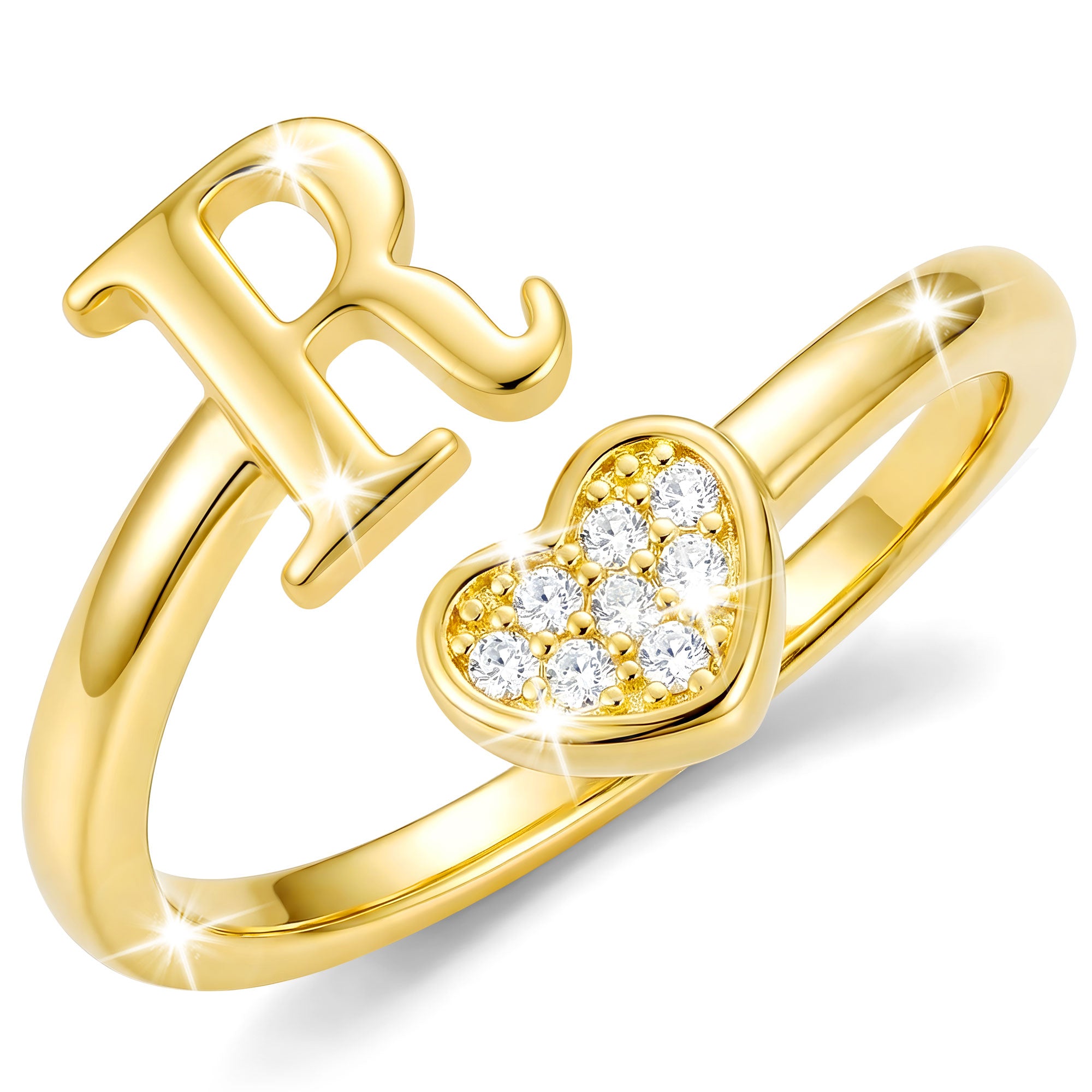 Gold-Open Love Heart Letter Ring-R