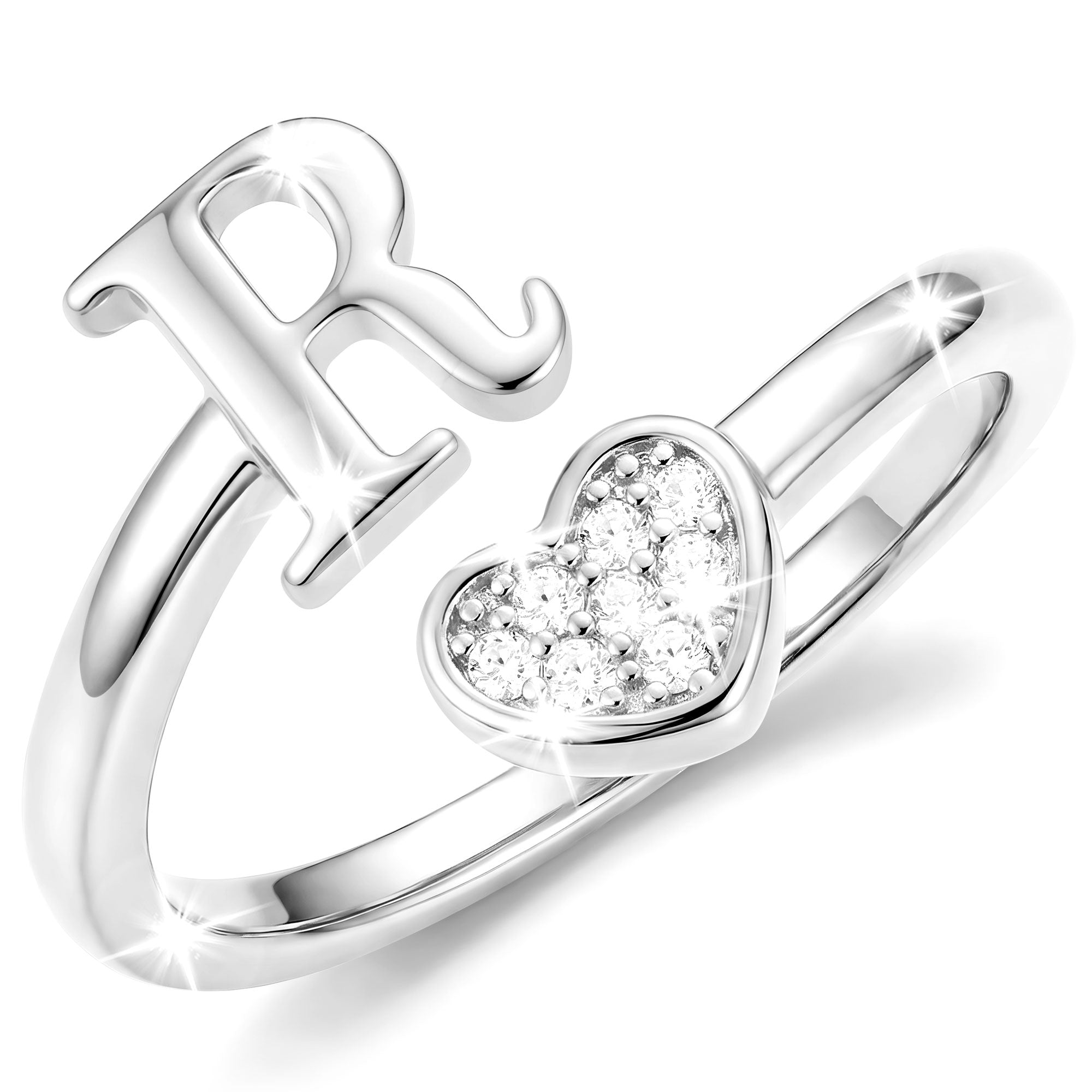 Silver-Open Love Heart Letter Ring-R