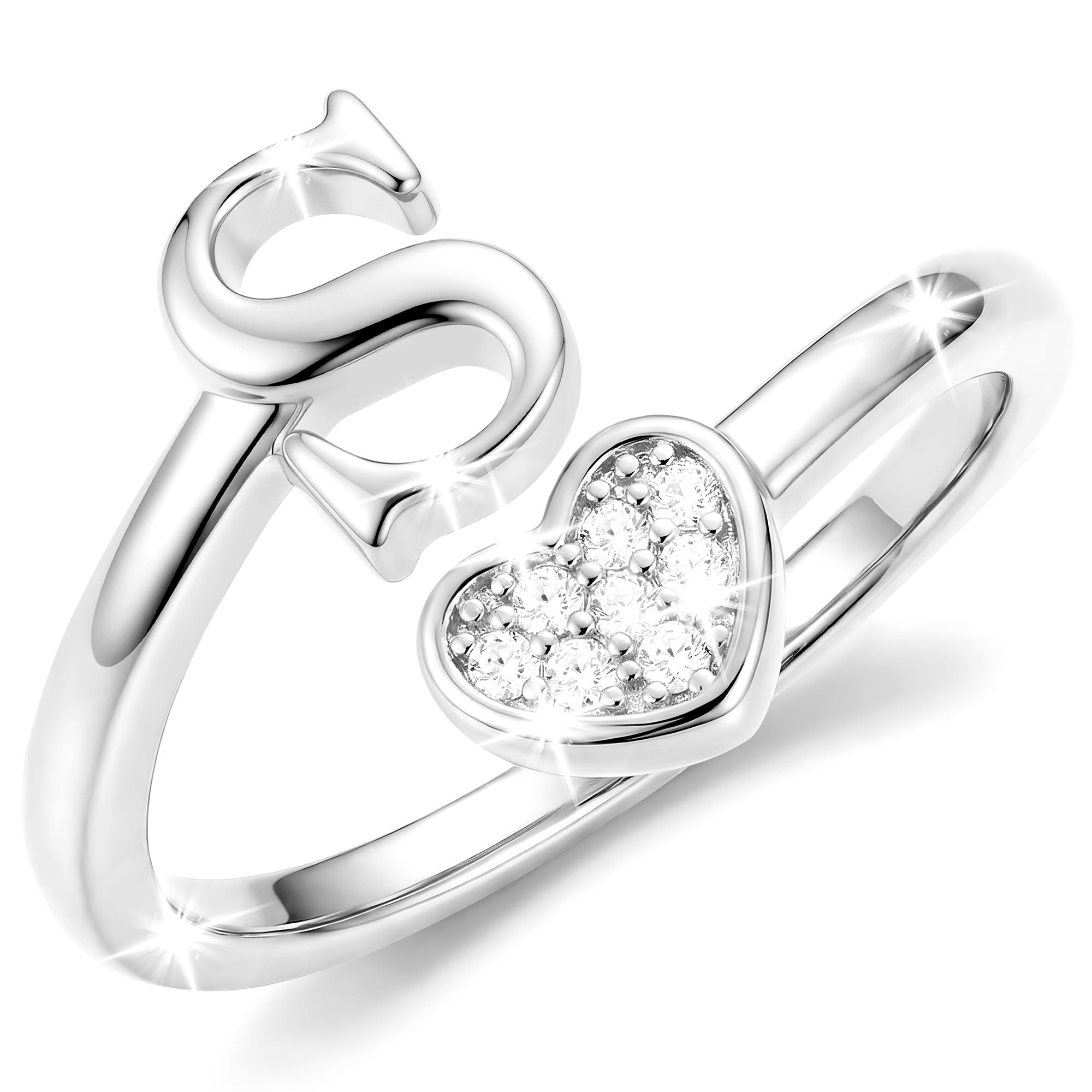 Silver-Open Love Heart Letter Ring-S
