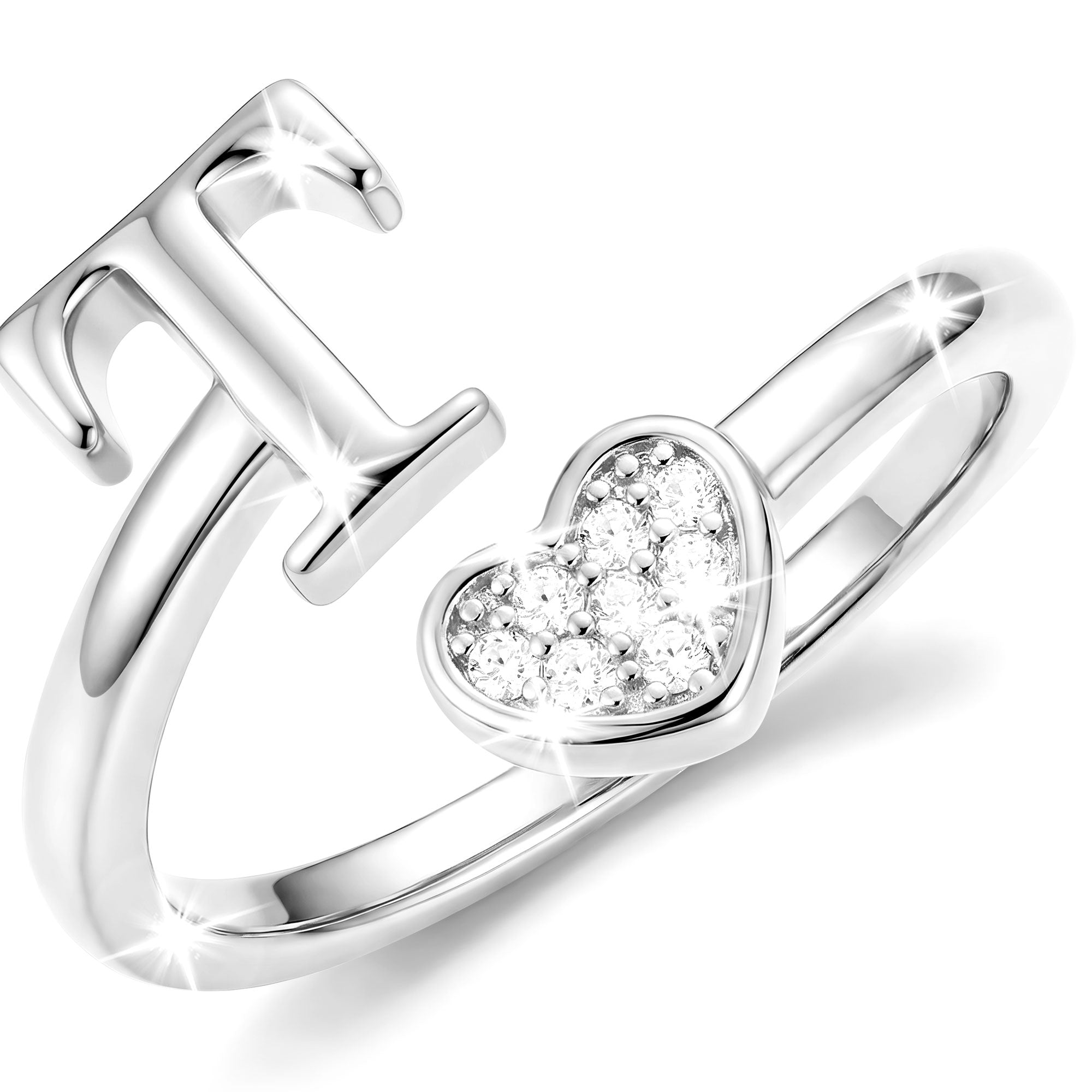Silver-Open Love Heart Letter Ring-T