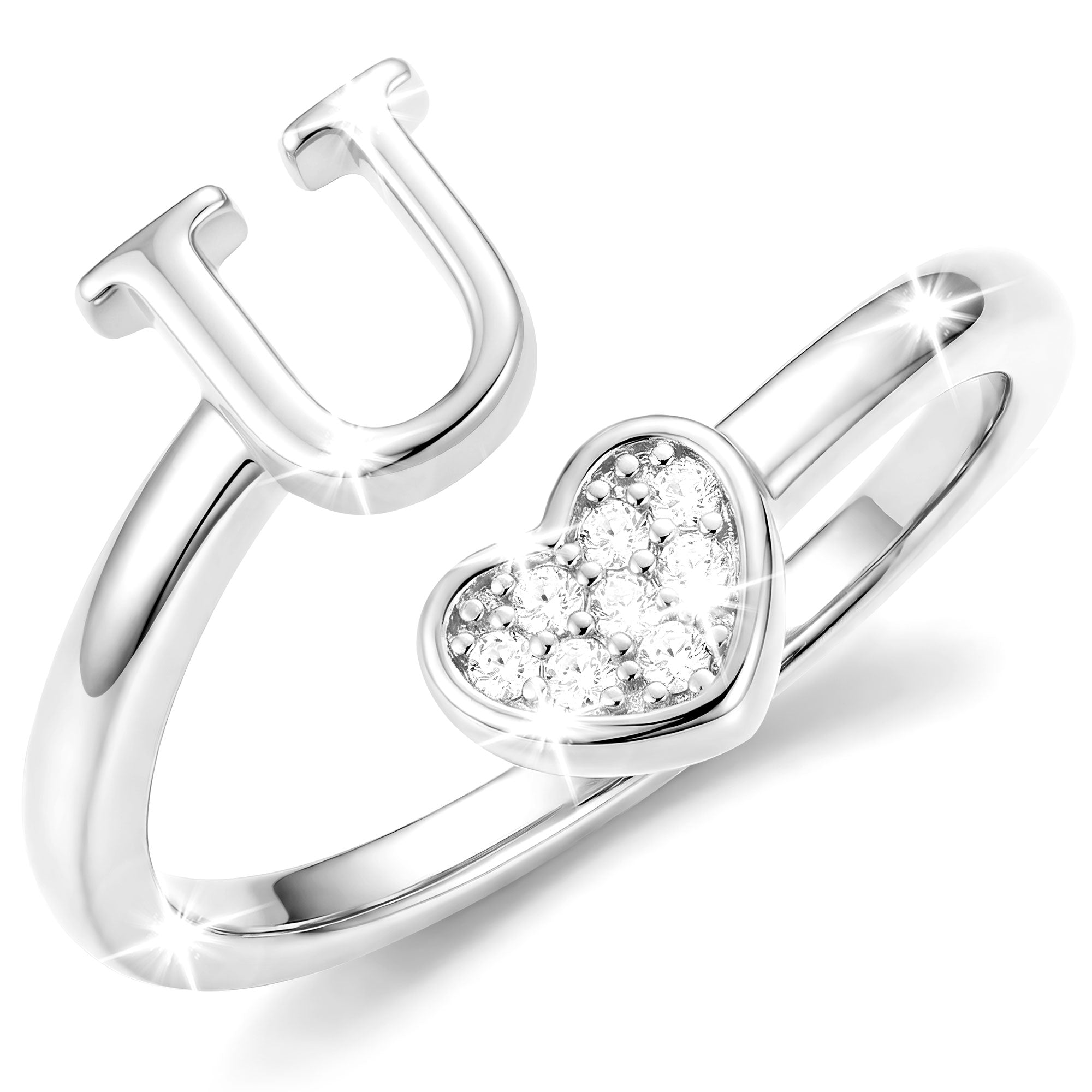 Silver-Open Love Heart Letter Ring-U