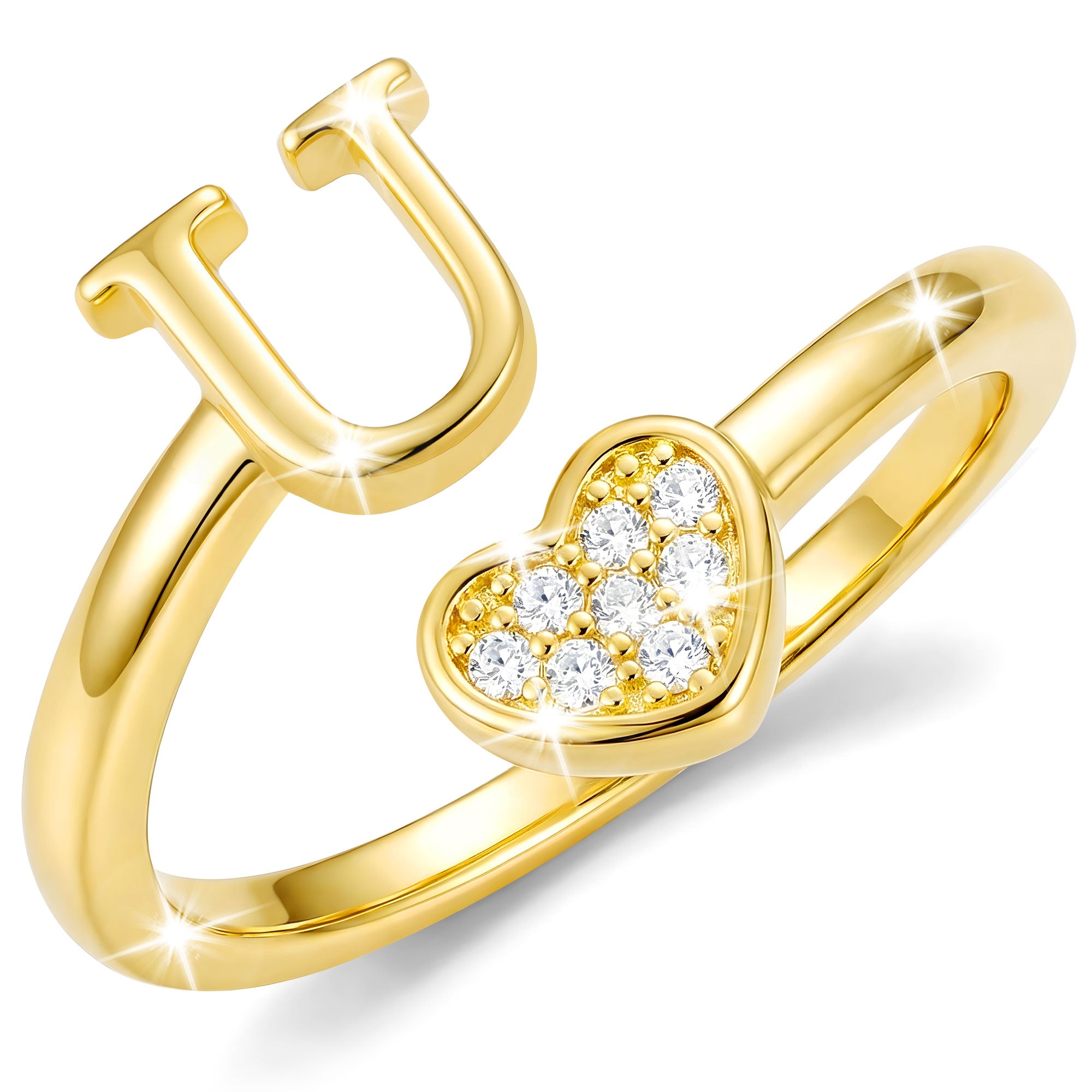 Gold-Open Love Heart Letter Ring-U