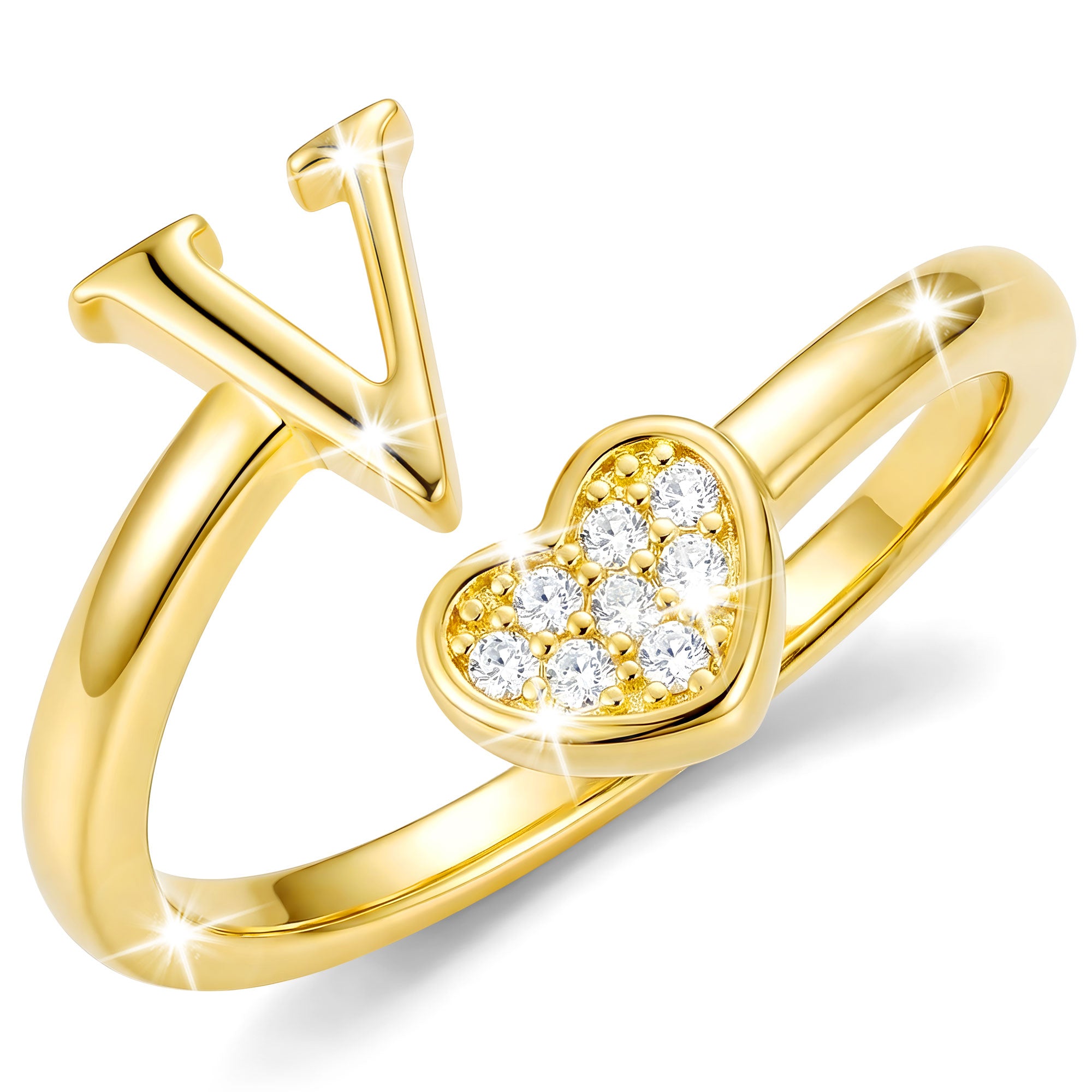 Gold-Open Love Heart Letter Ring-V