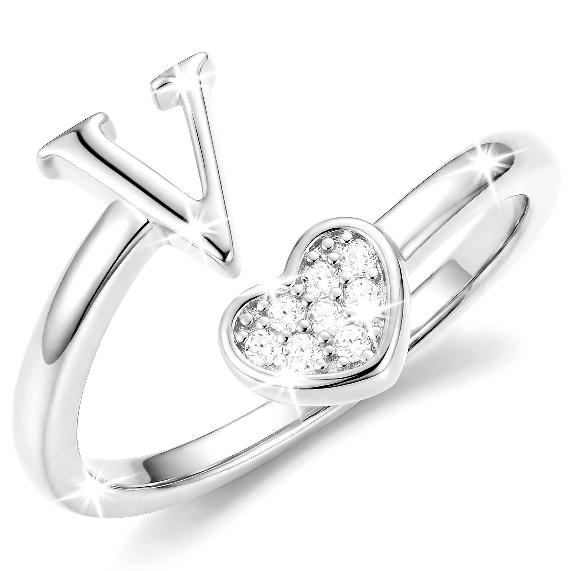 Silver-Open Love Heart Letter Ring-V