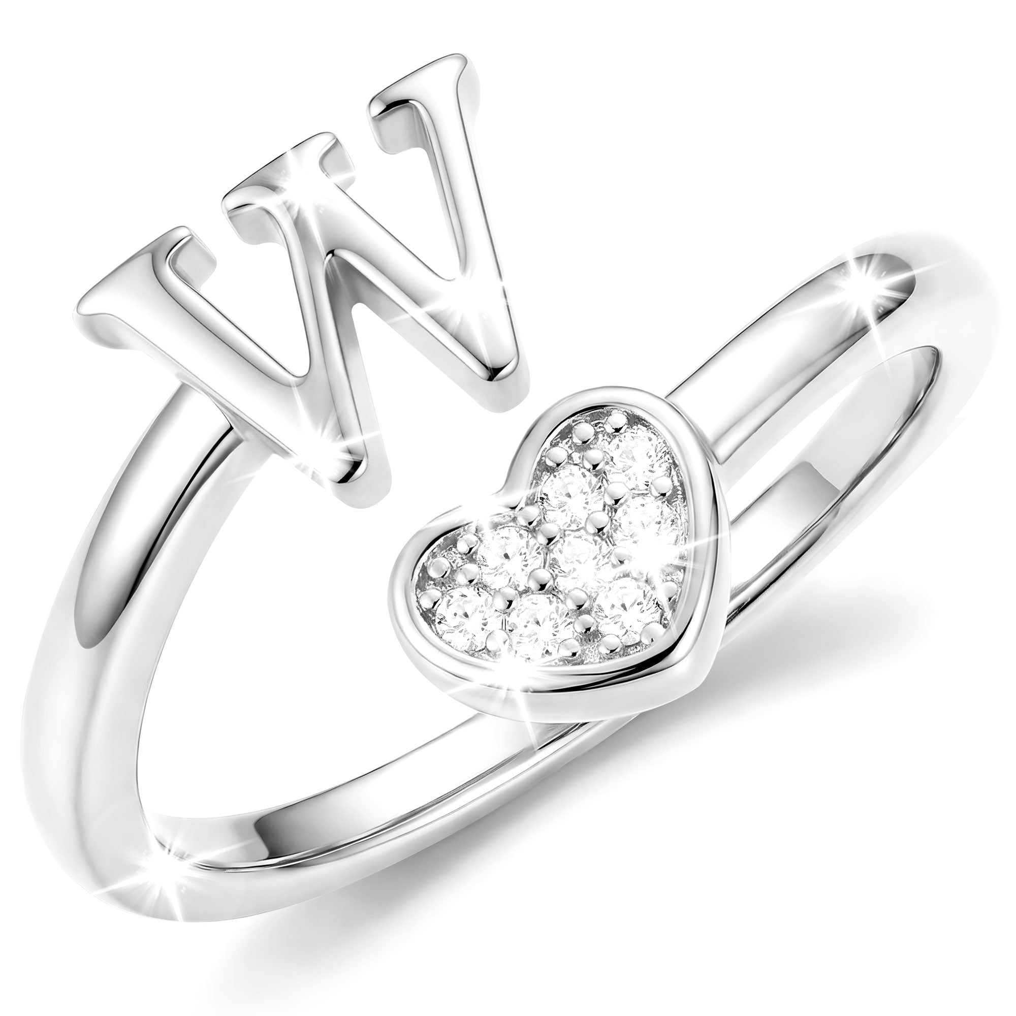 Silver-Open Love Heart Letter Ring-W