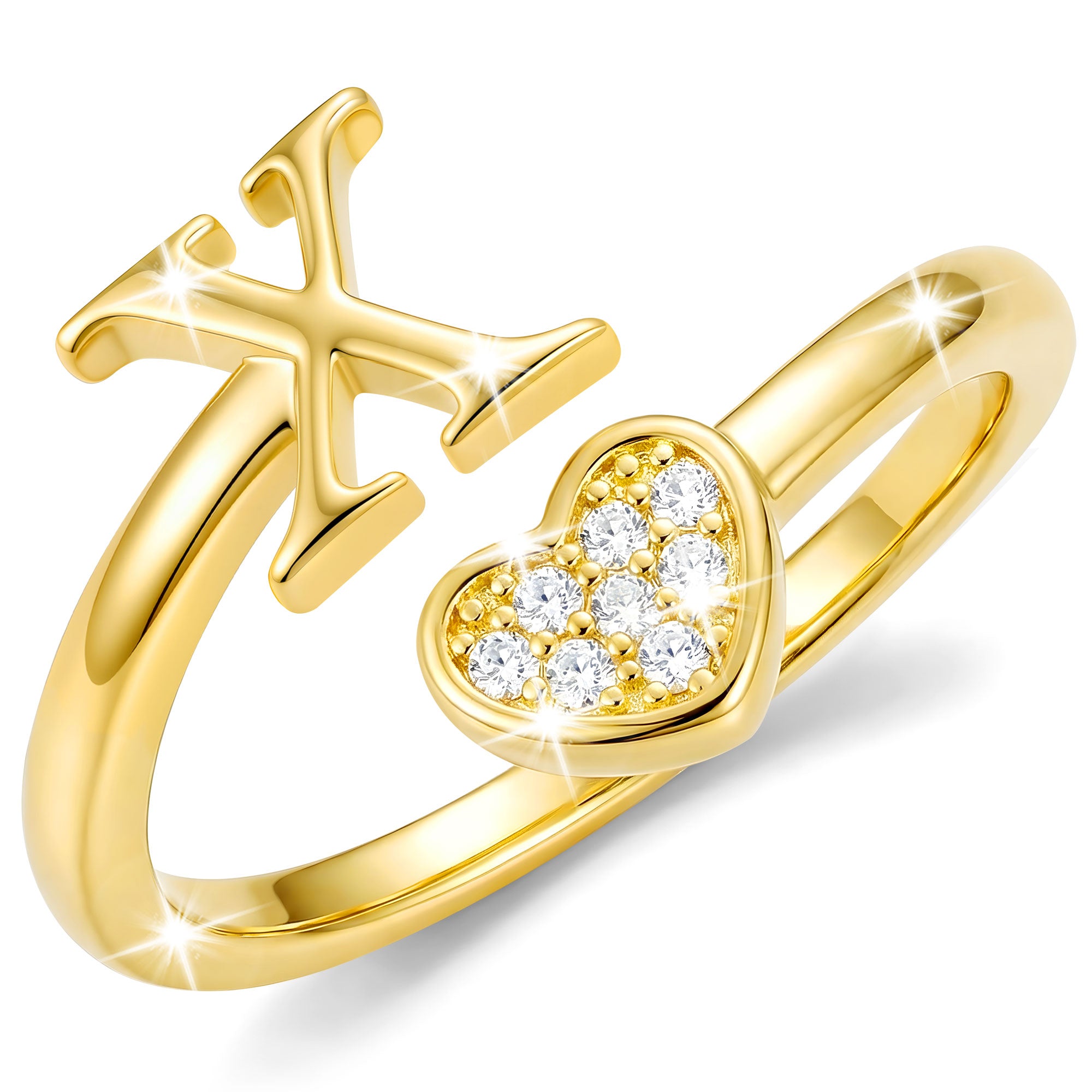 Gold-Open Love Heart Letter Ring-X