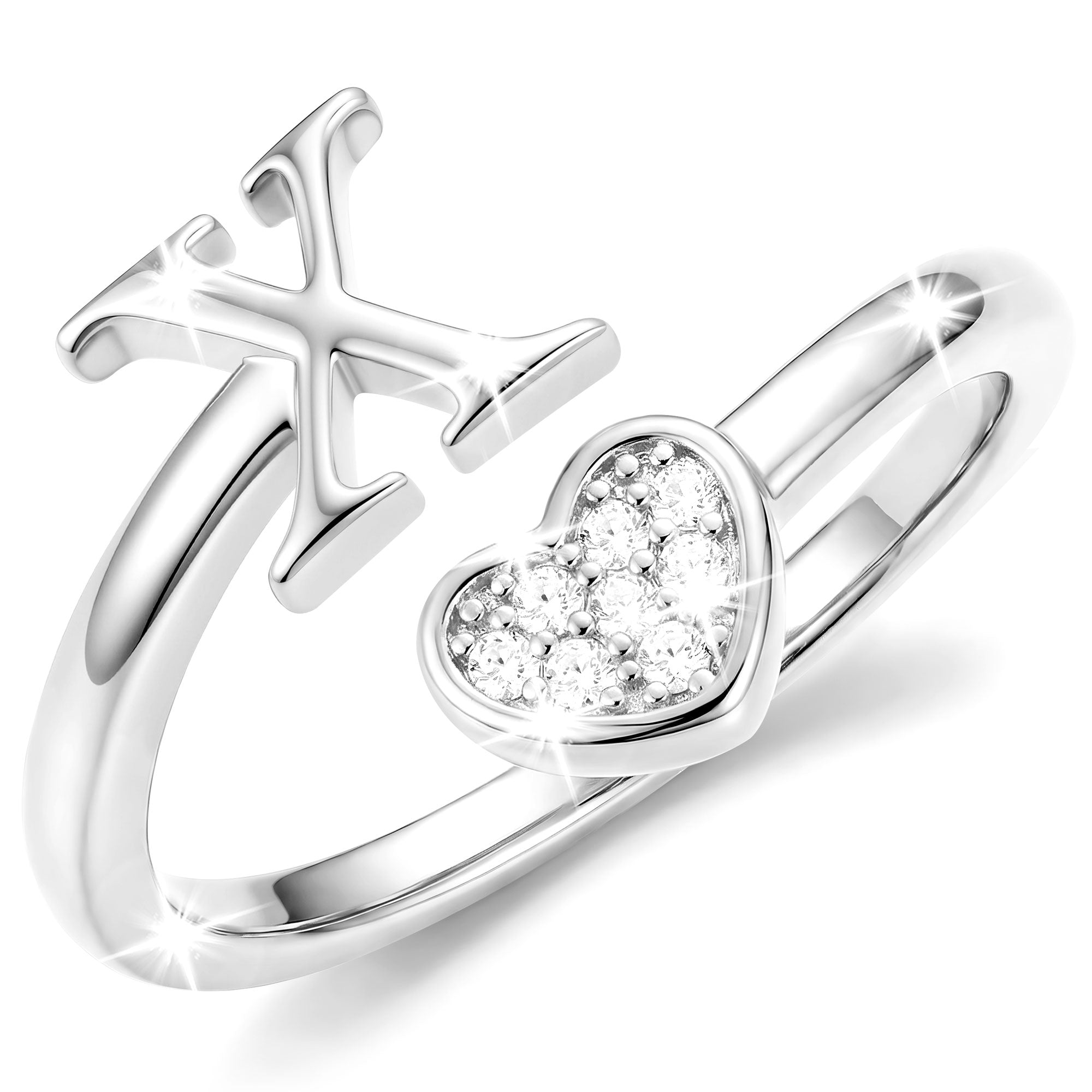 Silver-Open Love Heart Letter Ring-X