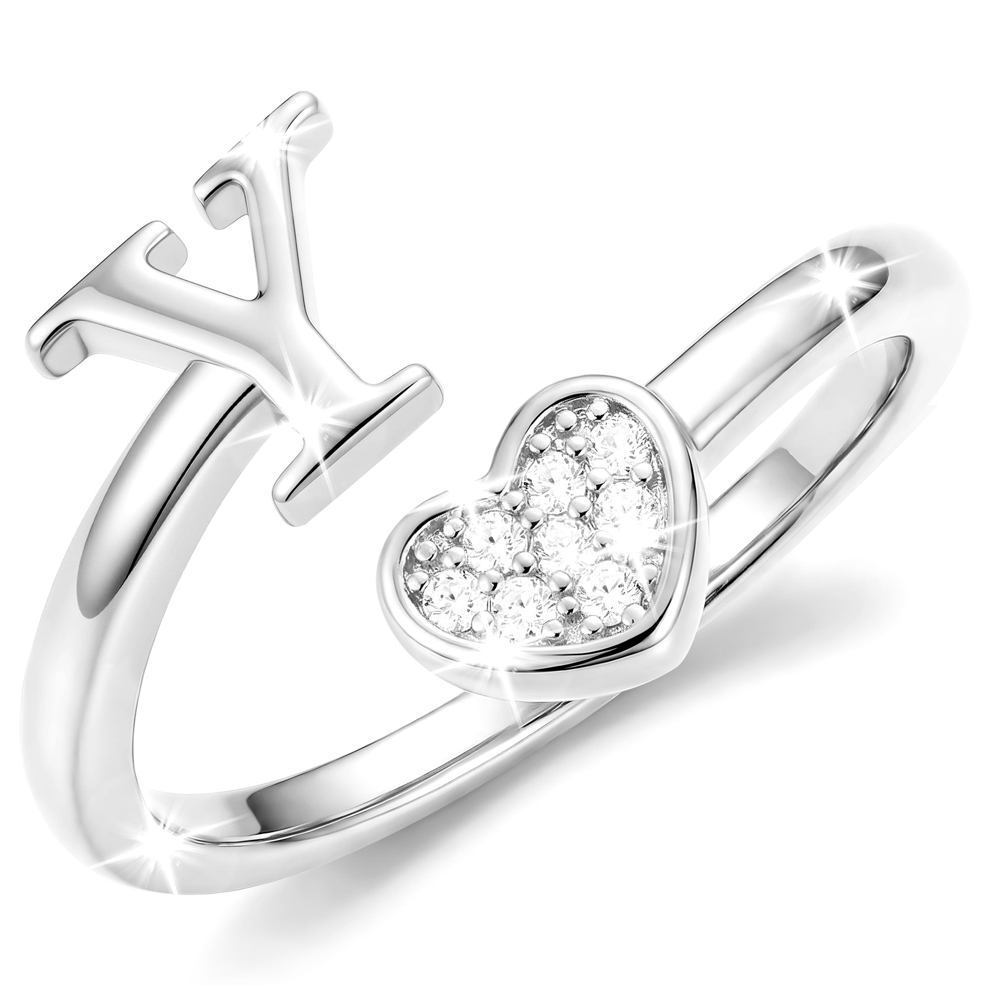 Silver-Open Love Heart Letter Ring-Y