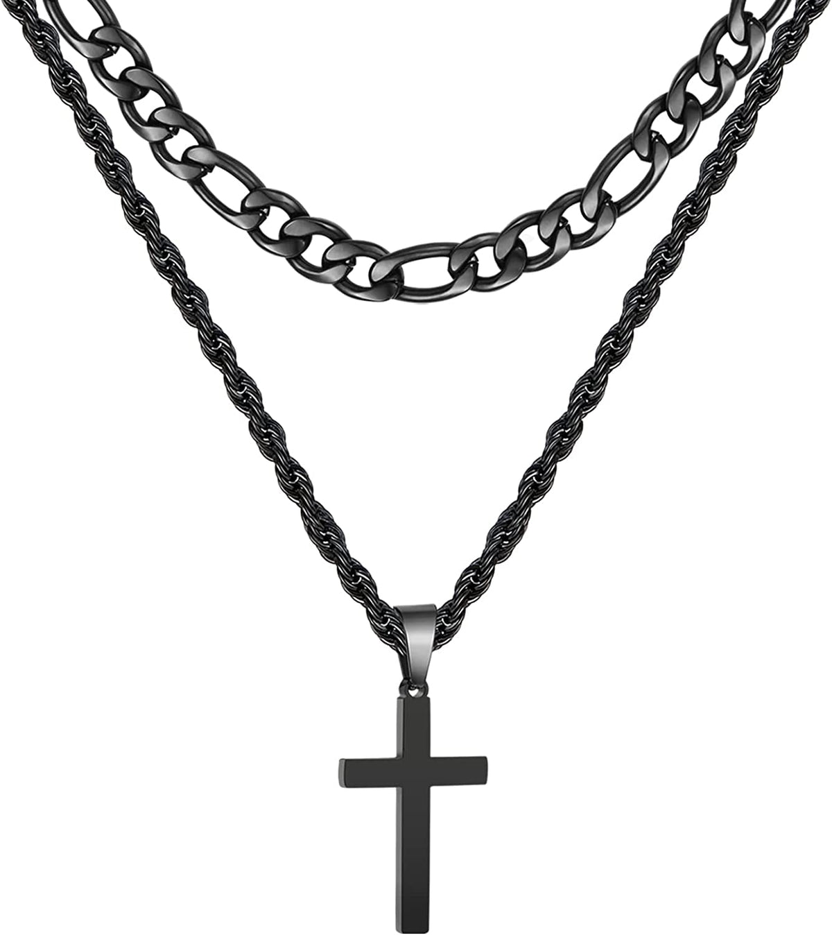 APSVO Layered Black Cross Necklaces for Men Boys Stainless Steel Figaro Twist Rope Pendant Chain Necklaces Set Religious Christian Birthday Jewelry Gifts Ideas Dad Husband Tween Son Teen Kids Age