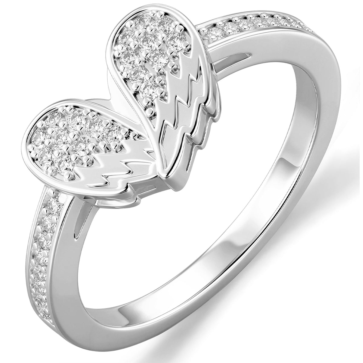 Silver Heart Wing CZ Ring-11
