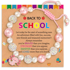 APSVO First Day of Kindergarten Back to School Jewelry Gifts for Girls Kids Pink Pearl Bead Axolotl Charm Bracelet Supplies Stuff Accessory Ideas 4-6 Year Old Mother Mom Daughter Granddaughter Age