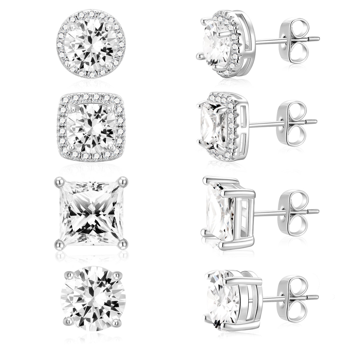 APSVO 4 Pairs 18K White Gold Plated Halo Stud Earrings for Women Men CZ Hypoallergenic Post S925 Sterling Silver Earrings Set Wedding Birthday Jewelry Gifts Ideas Mom Wife Bride Boyfriend Husband