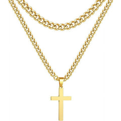 APSVO Layered Silver Cross Necklace for Men boys kid Stainless Steel Layered Cuban Link Chain Cross Pendant Necklaces Set,Religious Jewelry Gifts